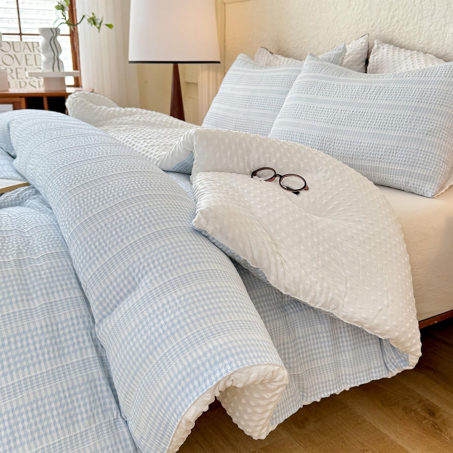 tohrisa Boho Comforter Set Twin Size - 2 Pieces Lightweight Jacquard Seersucker Bedding Sets (1 Soft Fluffy Grid Comforter & 1 Pillowcase) - All Seasons Cozy Modern Bed Set(68"x90" Sky Blue)