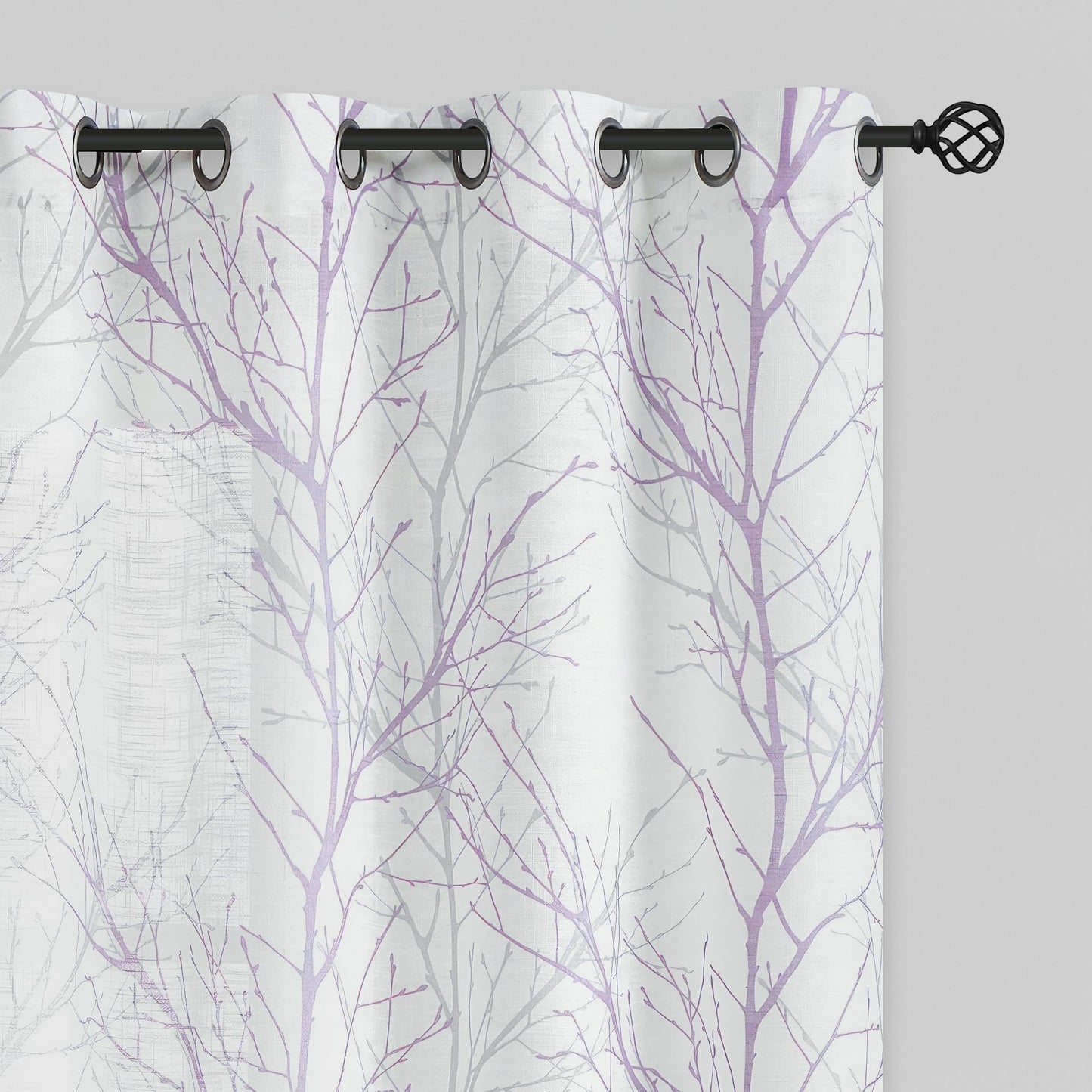 FMFUNCTEX Linen Semi Sheer Curtains for Bedroom, Lilac White Curtains 84 Inches Long for Living Room, Grey Tree Branch Patterned Curtain Light Filtering Farmhouse Window Drapes, Grommet Top 2 Panels