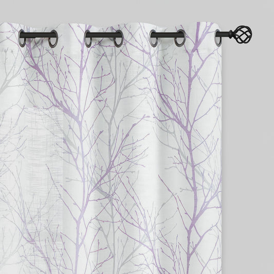 FMFUNCTEX Linen Semi Sheer Curtains for Bedroom, Lilac White Curtains 84 Inches Long for Living Room, Grey Tree Branch Patterned Curtain Light Filtering Farmhouse Window Drapes, Grommet Top 2 Panels