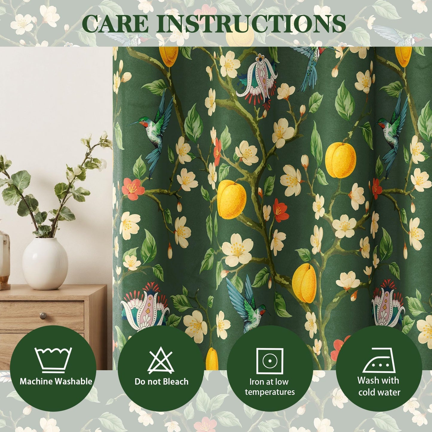Floral Curtains 100% Blackout, Vintage Hummingbird Black Out Curtain 84 Inches Long, Patterned Thermal Insulated Window Drapes 2 Panels, Grommet Room Darkening Curtains for Living Room Bedroom, Green