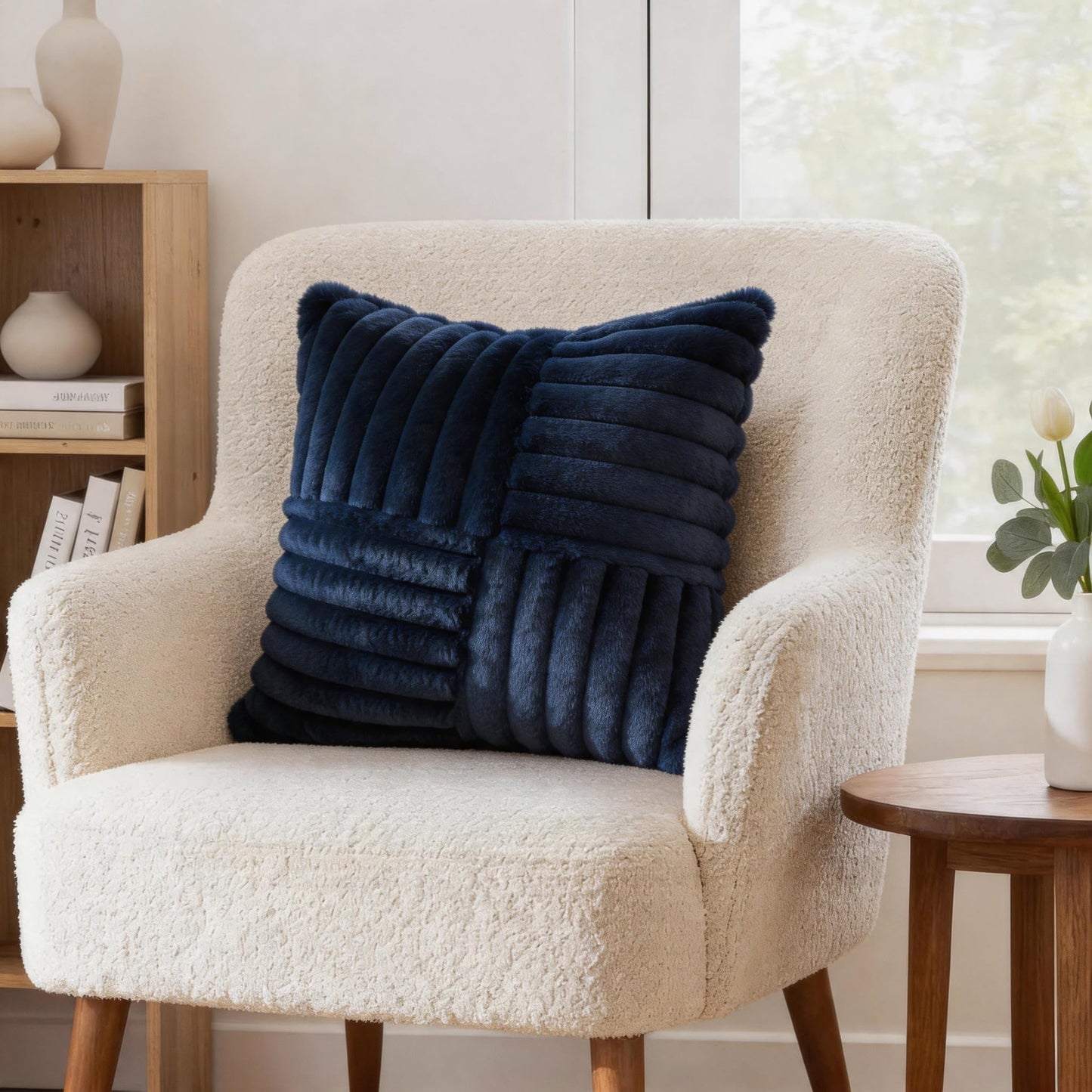 All Smiles Couch Decorative Throw Pillow Covers 18x18 Set of 2 Faux Fur Plush Soft Fluffy Velvet Cushion Case Cozy Fuzzy Striped Pillowcase Home Decor for Bed Sofa Living Room,Navy Blue