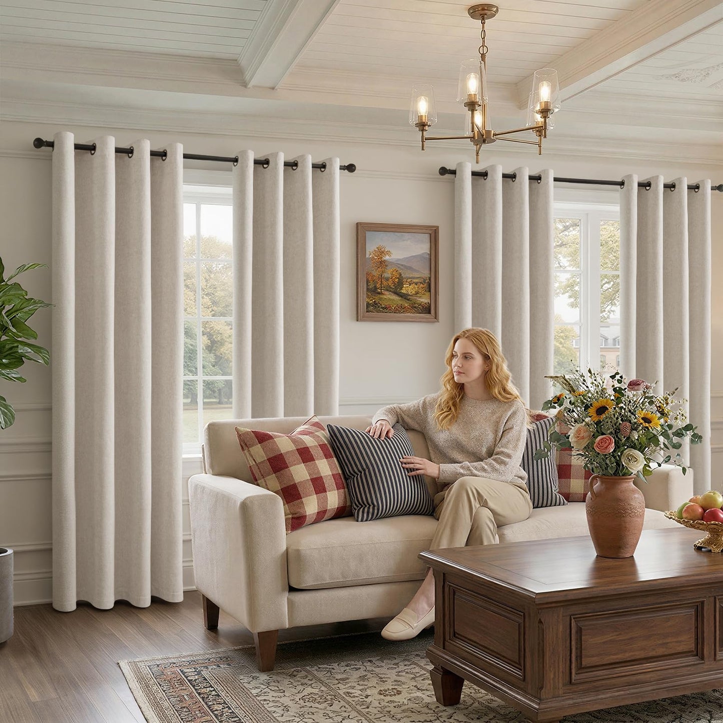 HushLoom 100% Blackout Curtains for Bedroom, Luxury Chenille Thermal Insulated Drapes for Living Room, Energy Saving Room Darkening 84 Inch Long Curtains, Grommet Top, 2 Panels, 52" W x 84" L, Beige