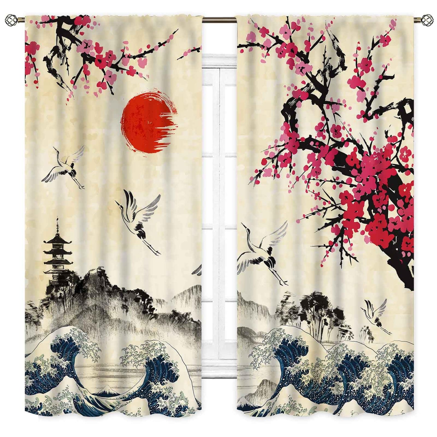 TKUYO Japanese Curtains, Pink Plum Blossom Cherry Floral Branch Asian Style Ink Painting Landscape Crane Birds Printed Window Drapery Treatments for Bedroom Living Room Kitchen 2 Panels, 42"x45" Inch
