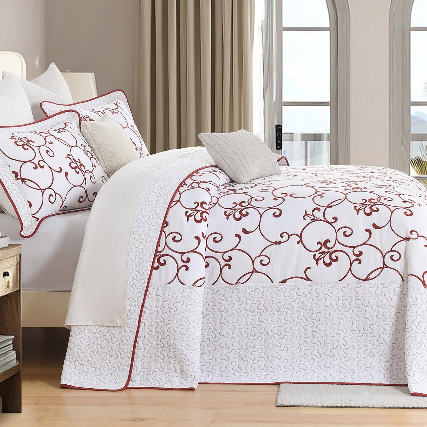 FineStichery Oversized Queen Bedspread 120"x102" - 100% Cotton Extra Large Quilt, Embroidered Bedspread Coverlet with Pillow Shams, Lightweight Quilted Bedding Set 3 Piece, Burgundy/White