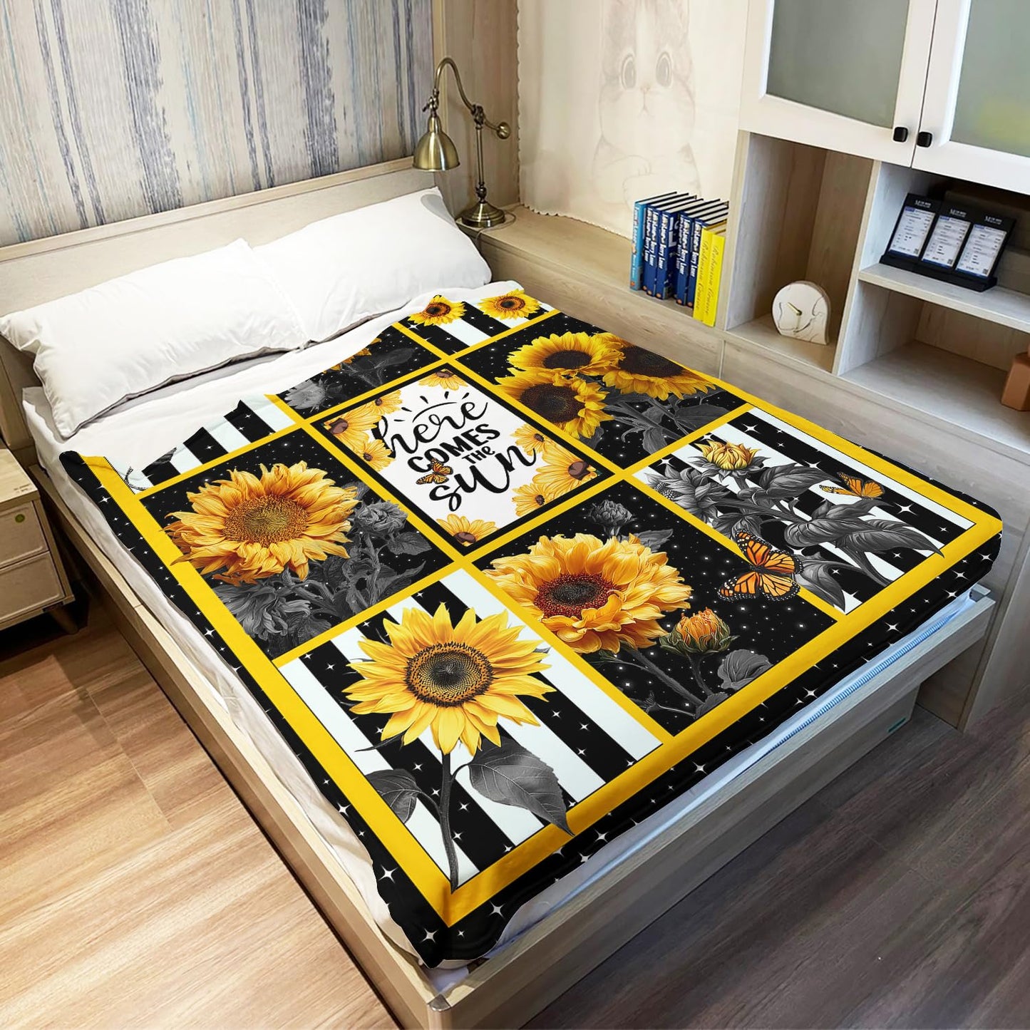 XSMEI Sunflower Throw Blanket, Stars Butterfly Stripe Design, Soft Cozy Fleece Blanket for Couch Bed, 60 x 80 Inches