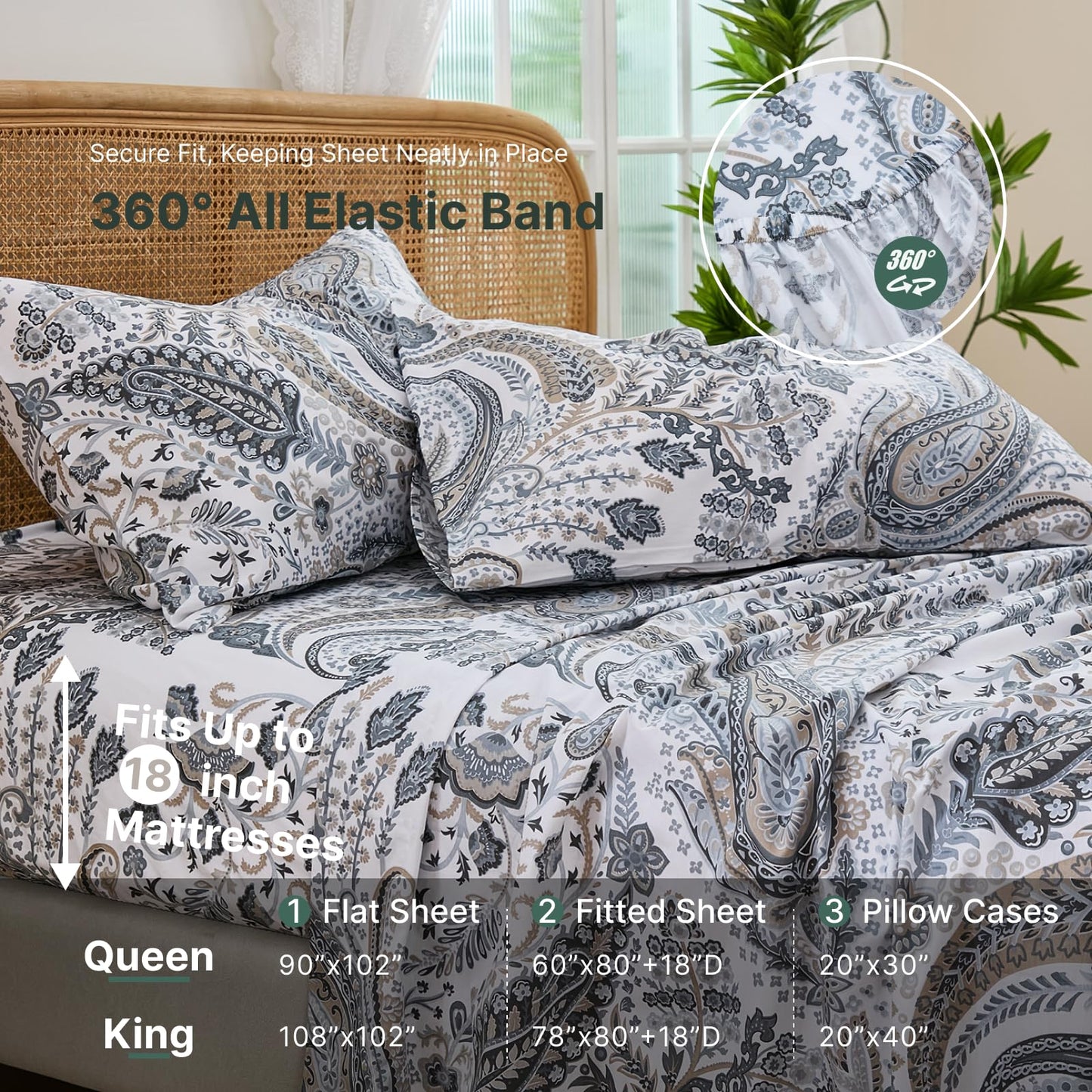 Cozaline 100% Cotton Sheet Set Queen Size – 4-Piece Luxury Grey Paisley Bedding Set, Extra Soft Breathable Percale Weave, Deep Pocket Fitted Sheet 17.5", Crisp Cool Feel Bed Sheet