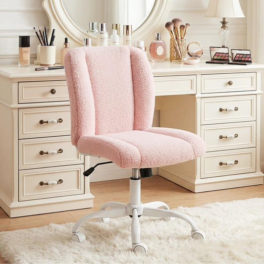 KRAMZMING Vanity Chair with Wheels, Armless Office Chair Height Adjustable, Cute Desk Chair with Soft Lumbar Support for Small Space, Bedroom, Make-up Room, Pink