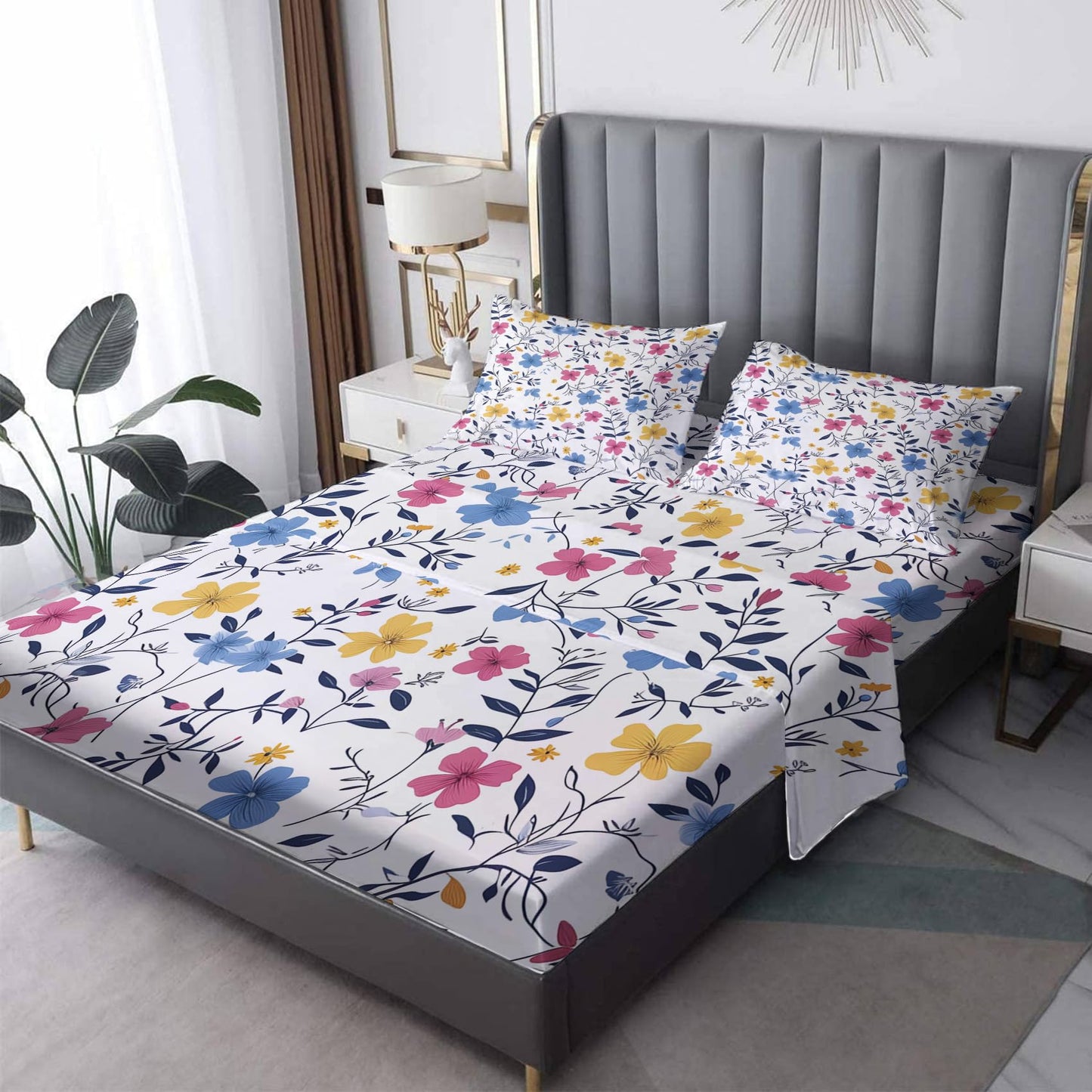 NOGAWA Colorful Floral Sheets Queen Size, Flower Botanical Bed Sheets, Patterned Bedding Sheets & Pillowcases 4 Piece Set - Soft Microfiber Deep Pocket Fitted Sheet & Flat Sheet & 2 Pillow Cases