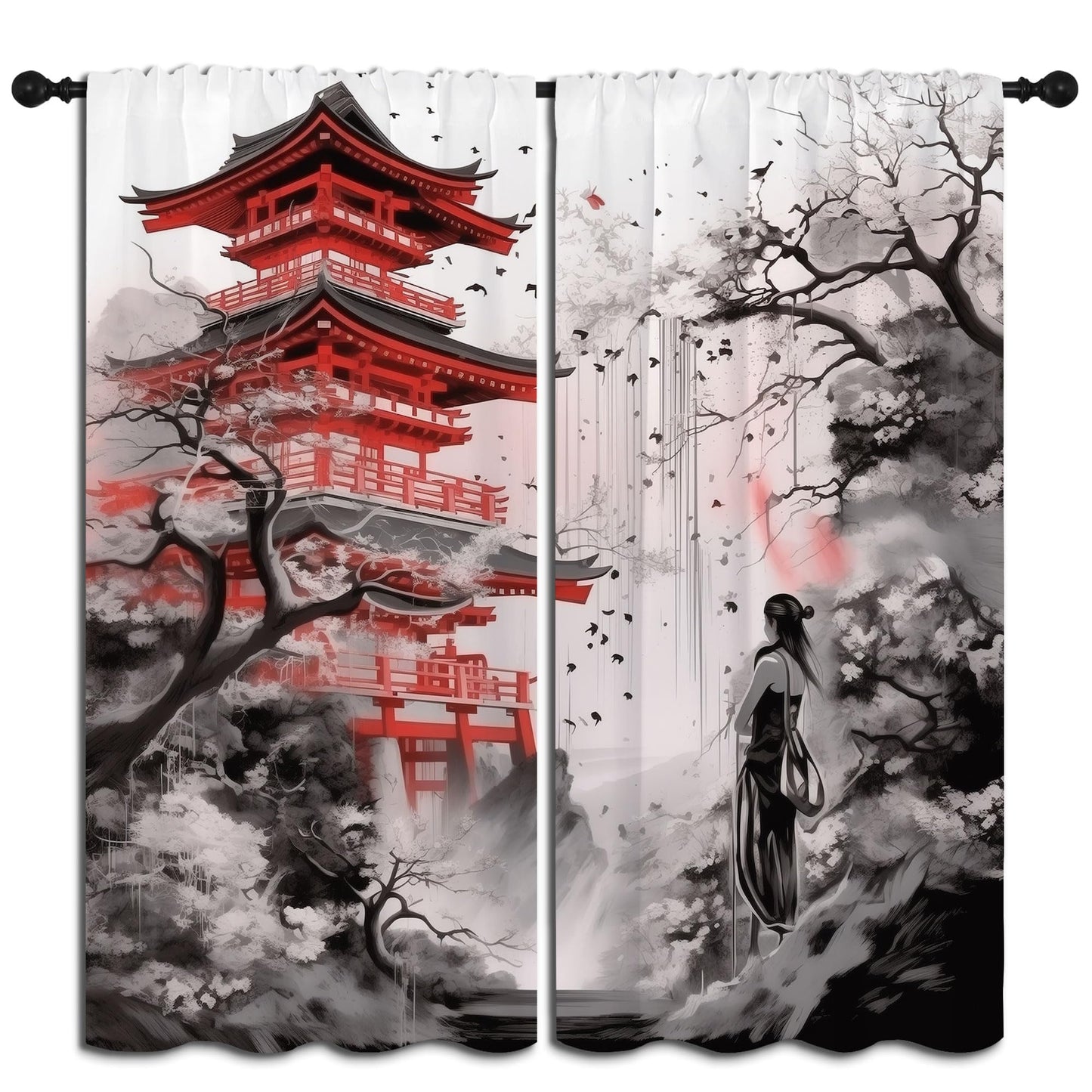 LHROOMJK Japanese Animation Rod Pocket Blackout Curtains for Boy Girl Bedroom, Black White Ink Abstract Art Thermal Insulated Home Window Drapes for Living Room Darkening, 42x45 inch