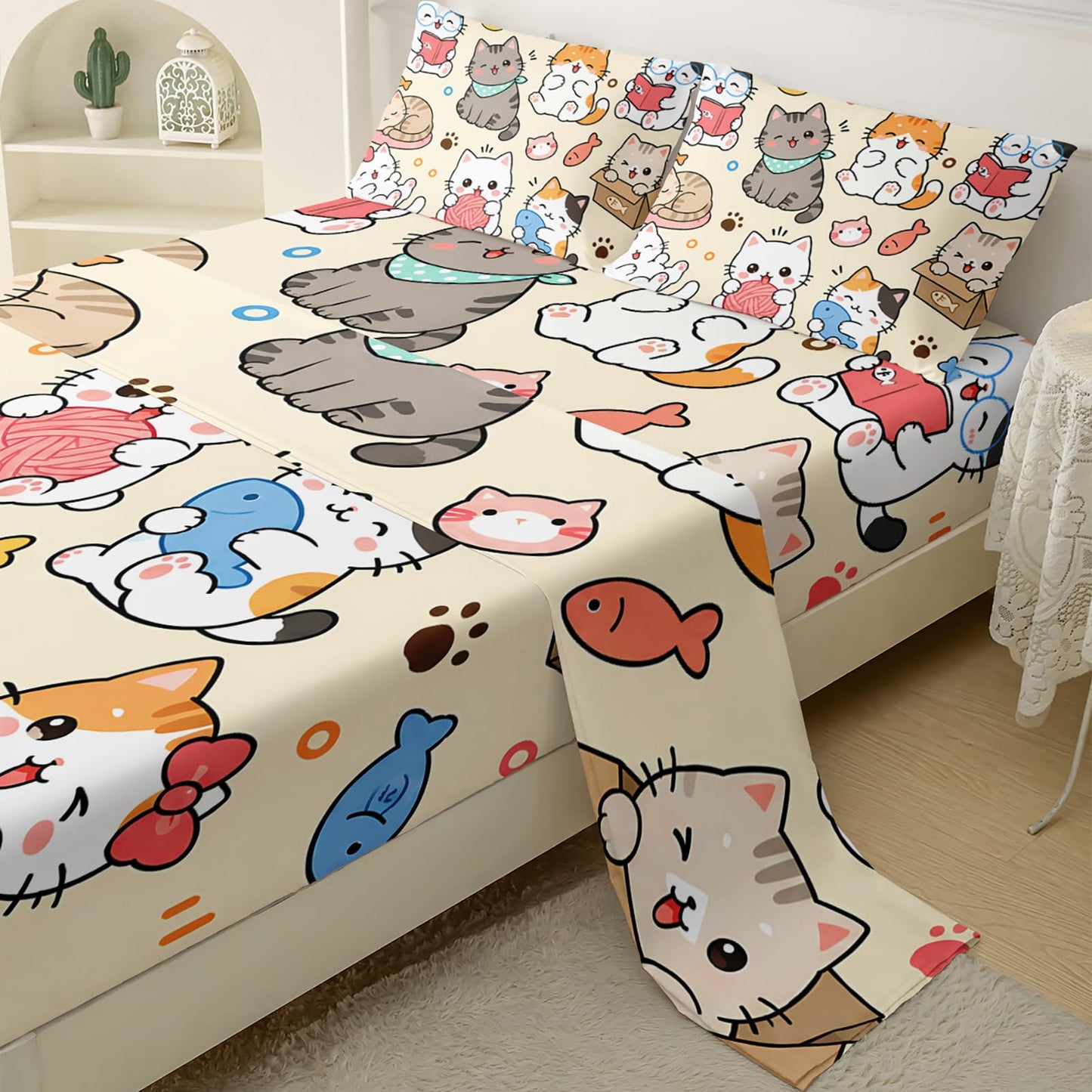 QOOMO Kawaii Kids Sheets Twin Size,Cat 16" Deep Pocket Bed Sheet Set,Cartoon Cat Printed Bedroom Decor Sheet Set Soft and Breathable for Girls/Kids/Teens，Twin