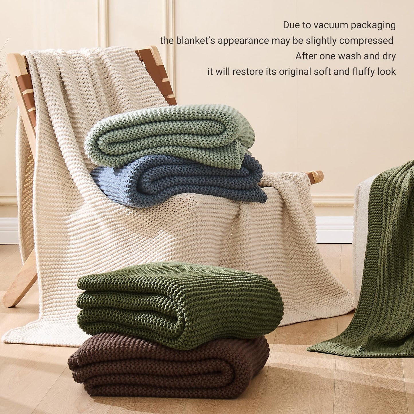 Cable Knit Throw Blanket for Couch, Beige Throw Blanket, Soft Cozy Stretchy Reversible Garter Knitted Blankets for Bed, 50"x60", Light Beige