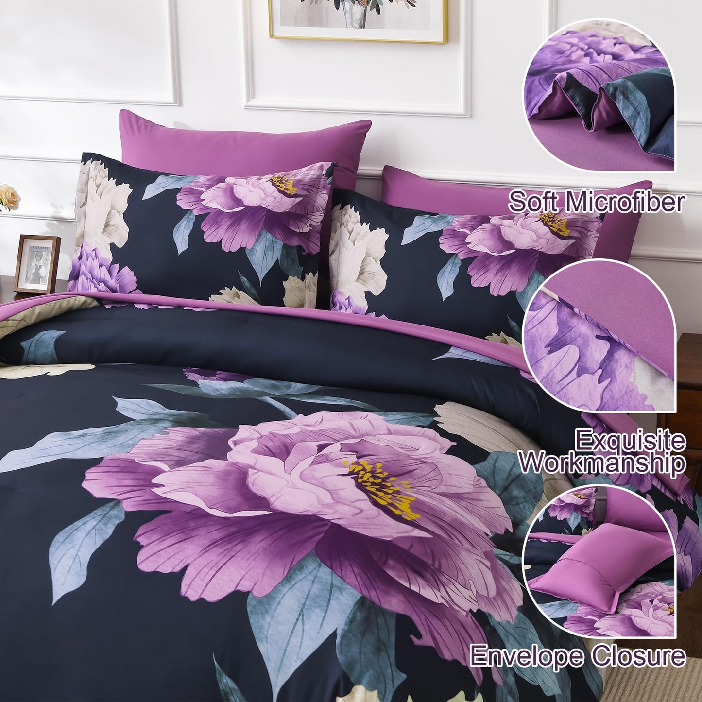 Dobuyly Dark Purple Comforter Set Queen 7 Piece Bed in a Bag, Elegant Floral Comforter Set with Sheets, Soft Microfiber Botanical Flower Bedding Set for All Season