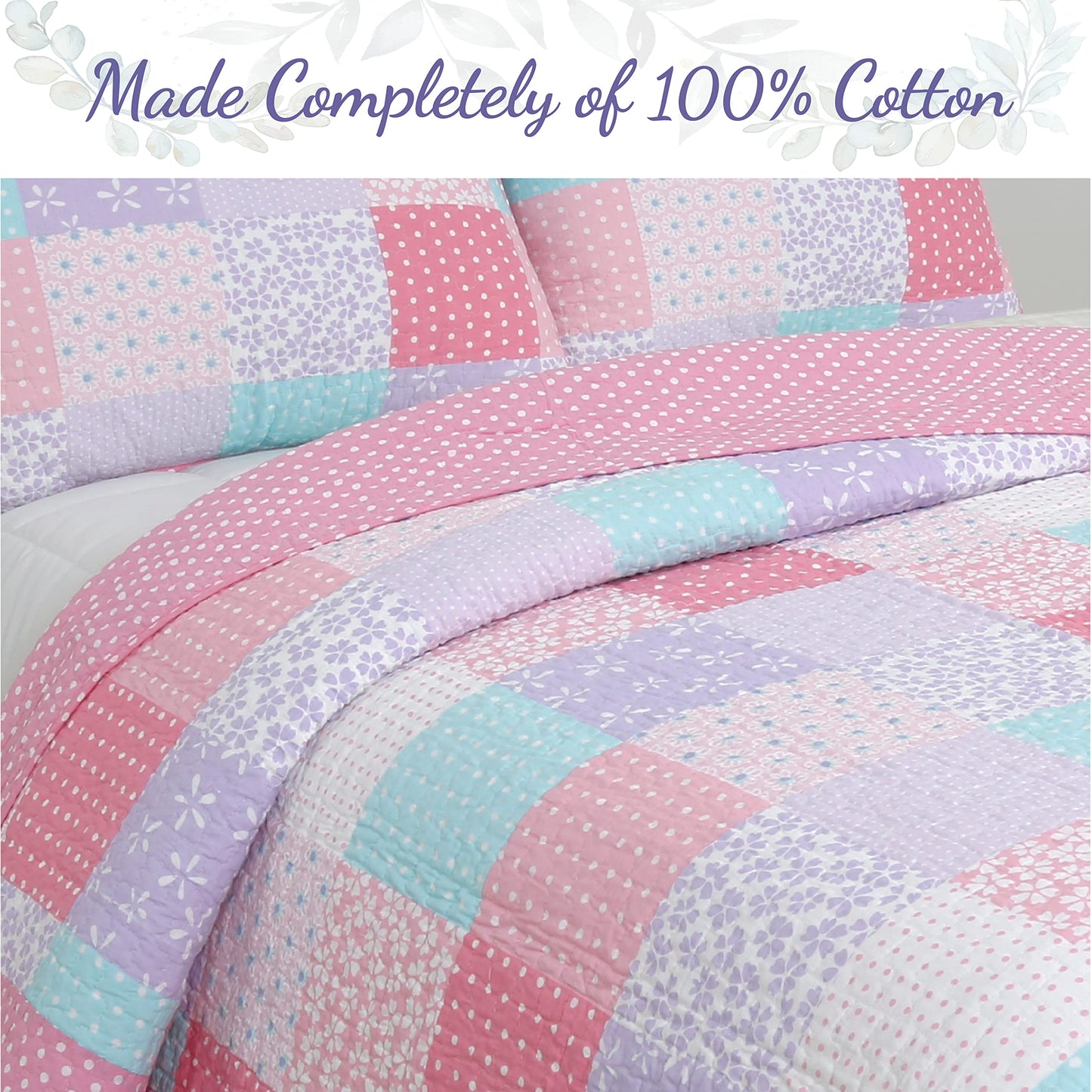 Cozy Line Home Fashions Angelina Floral Dot Pink Light Purple Blue 100% Cotton Reversible Girl Quilt Bedding Set, Bedspread, Coverlet (Queen - 3 Piece)