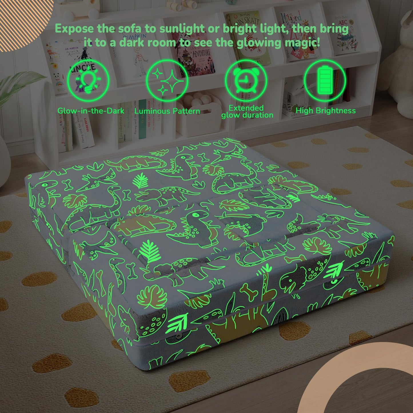 MeMoreCool Glow-in-the-Dark Dinosaur Kids Loveseat - Modular Toddler Play Couch that Folds Out, Convertible Foam Chair & Mini Sofa Bed with Washable Plush Cover, 2-Seat Playroom Furniture