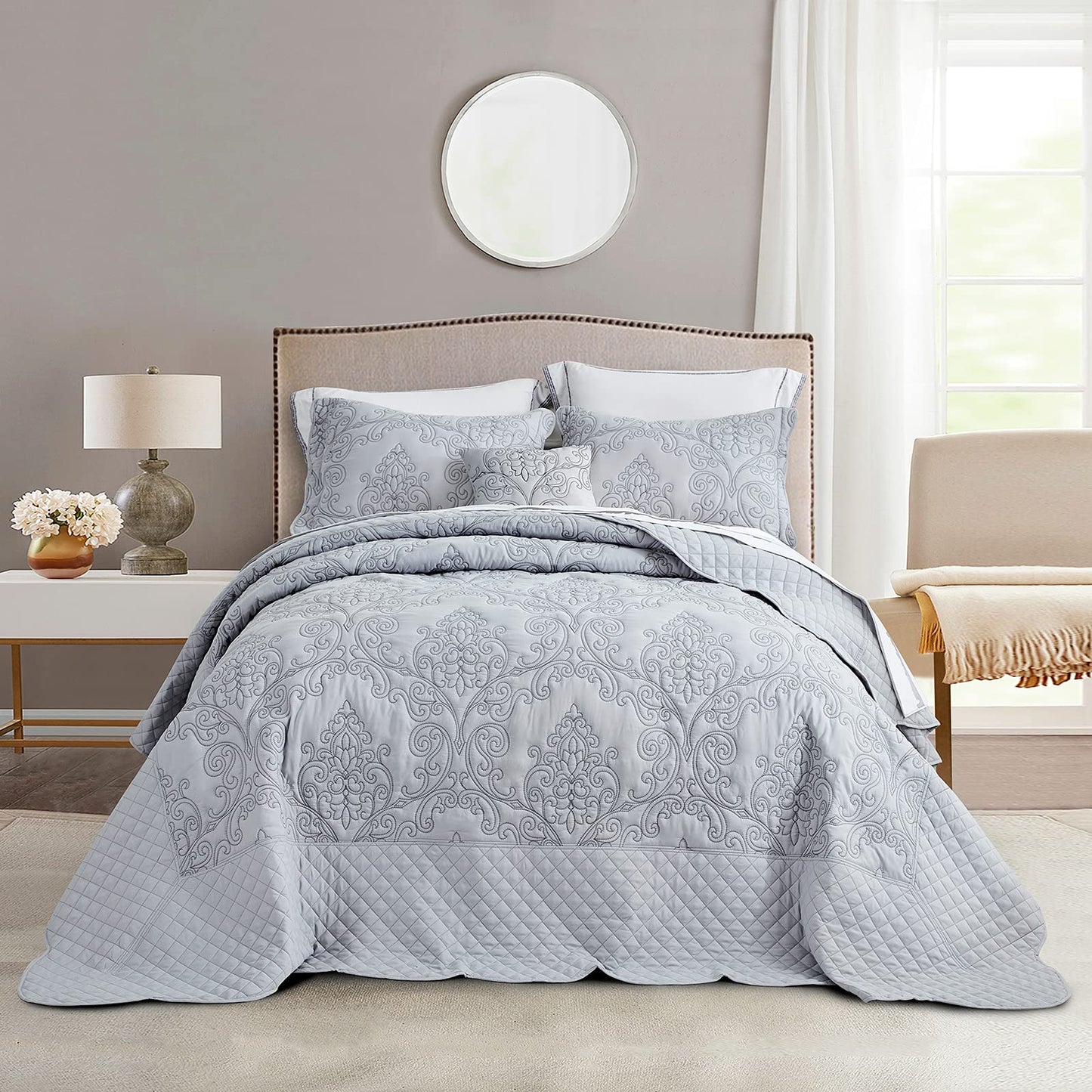 CHIXIN Bedspread Coverlet Set Queen Size - Lightweight Bedding Cover - Beautiful Stitching - 5 Piece Reversible Bedspread - Luxury Damask Paisley Pattern (Queen, Light Grey)