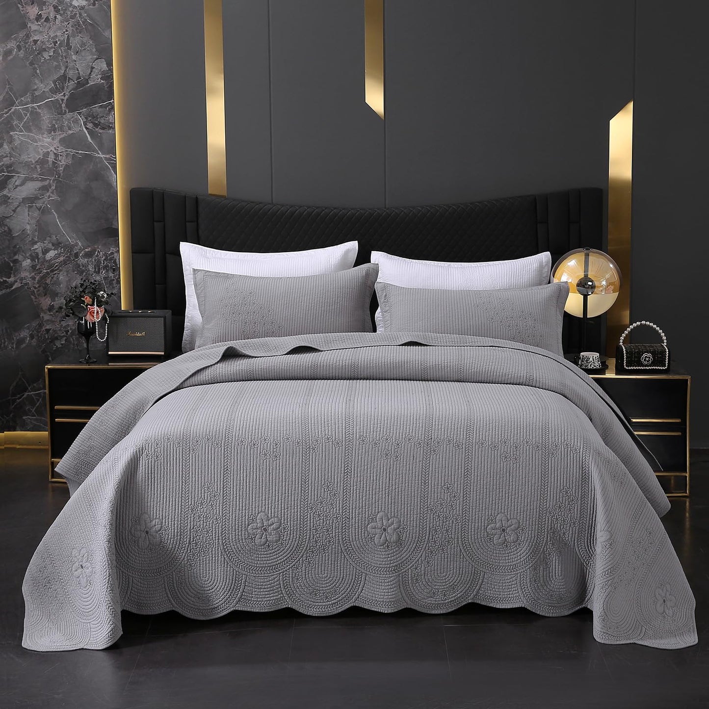 ROOMLIFE Quilt Set Queen Size 3D Floral Embroidery Pattern 3-Piece Cotton Reversible Quilted Embroidered Decorative Bedspreads Coverlet Bedding Set, Lightweight &Soft, All Season(90" X 98") Grey