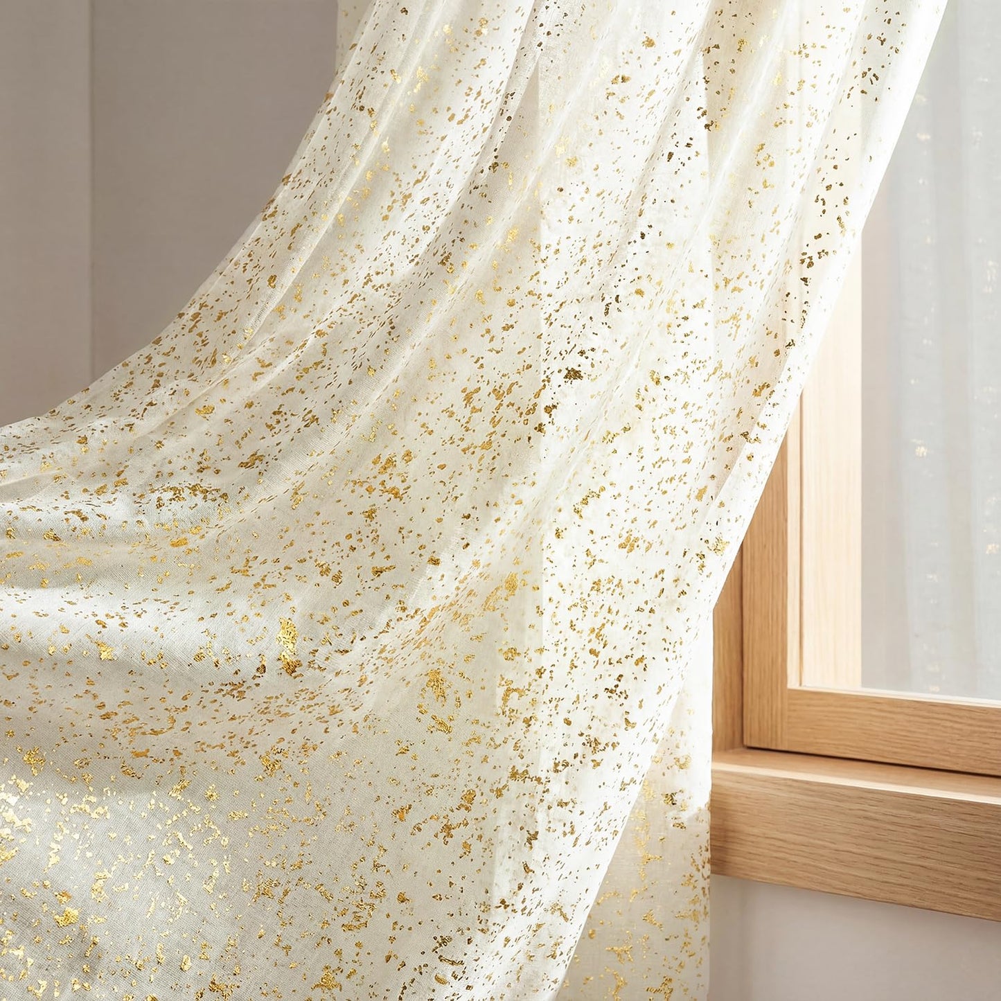 Horaldaily Beige Sheer Curtains for Living Room and Bedroom,Gold Sequin Glitter Metallic Foil, Scenery Light Filtering Window Curtains, 52" W x 84" L, Set of 2 Curtain Panels