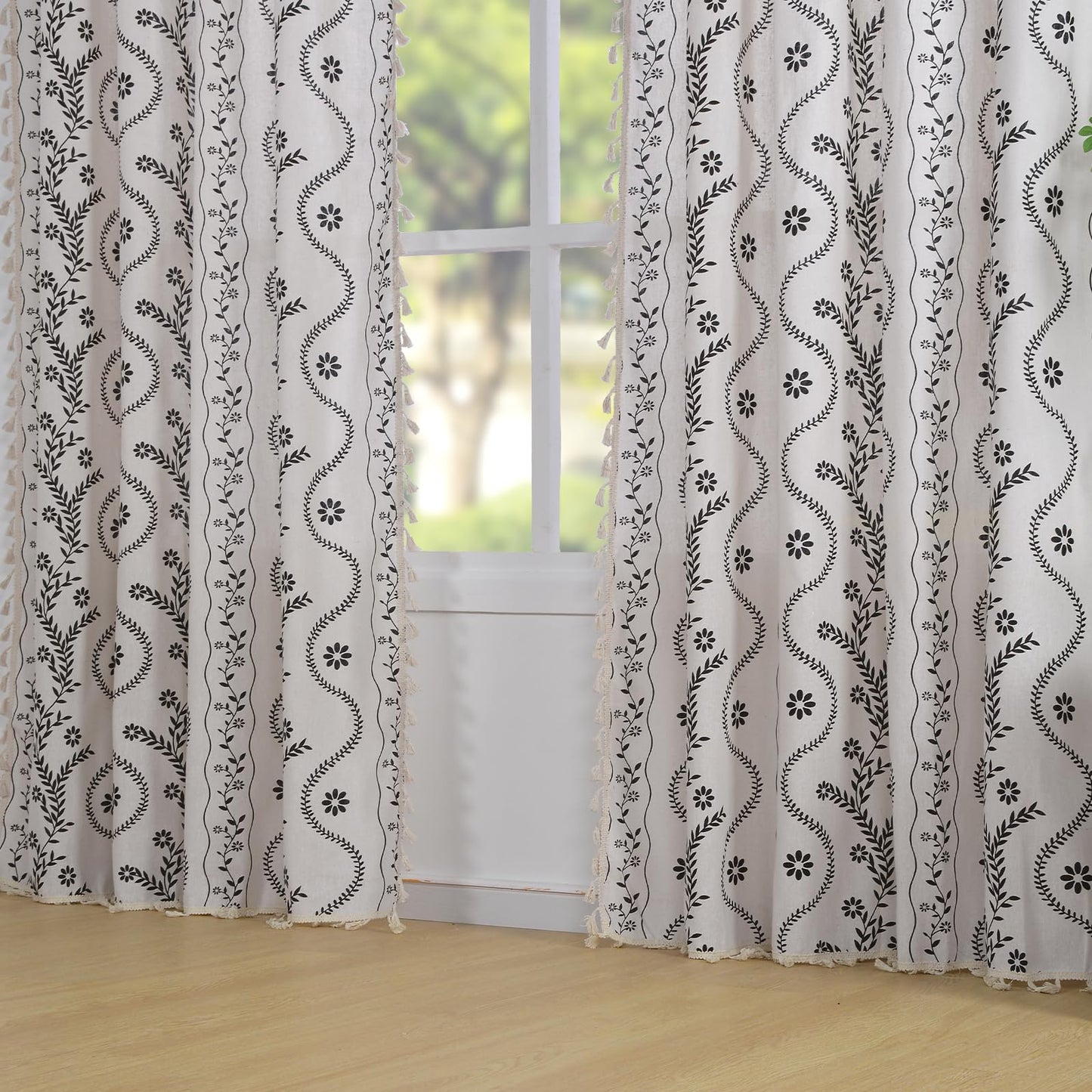 Boho Curtains 2 Panels Set, Farmhouse Linen Semi Sheer Floral Curtains for Living Room, 84 Inches Long Vintage Printed Patterned Curtain with Tassels Rustic Country Curtain Drapes