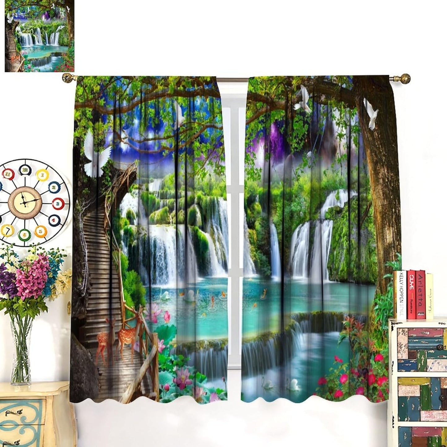 HZOHNAGO Waterfall Curtain Forest Lake Swans Deers Fishs Pigeons Fantastic Scenery Blackout Print Rod Pocket Window Drapes for Bedroom Living Room 42x45in