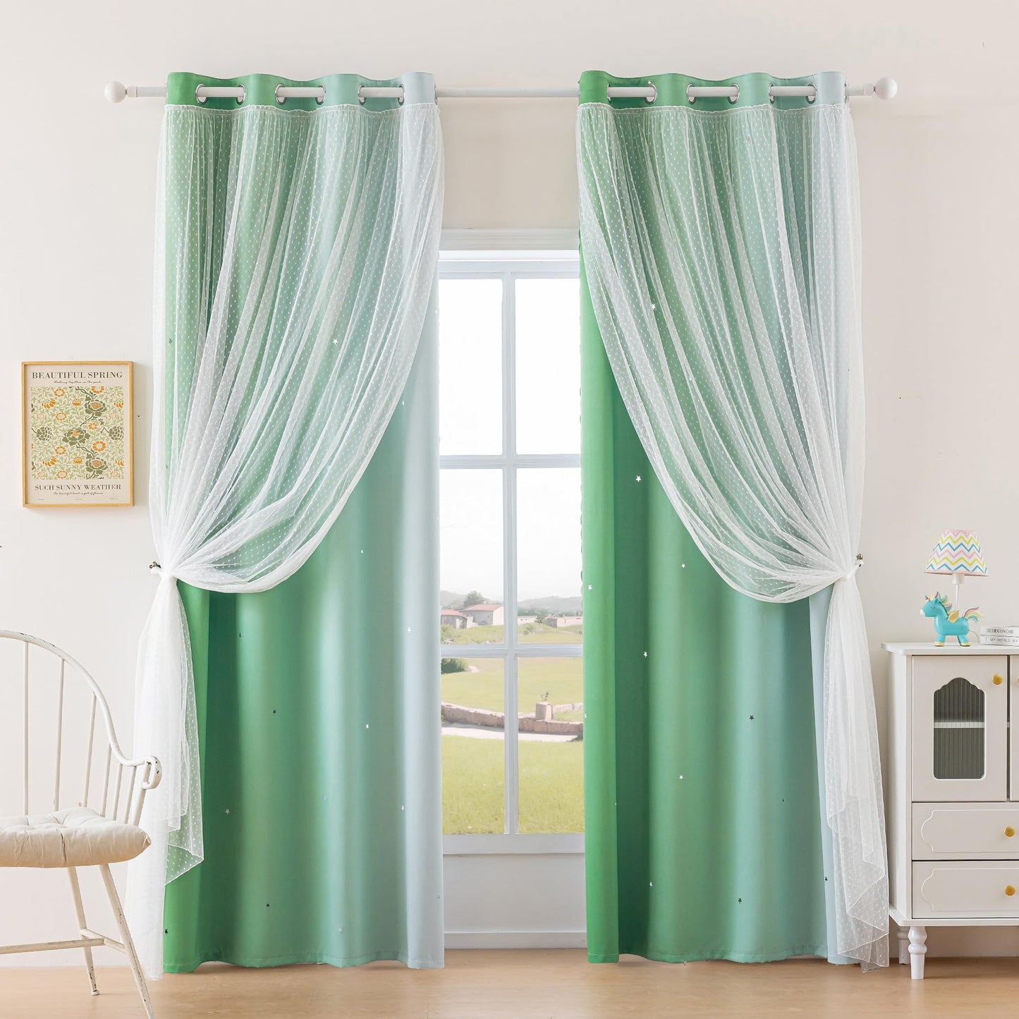 MYSKY HOME Boys Blackout Curtains 96 inches Long Green Ombre Decor for Kids Nursery Living Room, Hollow-Out Stars Thermal Insulated Grommet Curtain for Bedroom, W52 x L96 Inches, 2 Panels