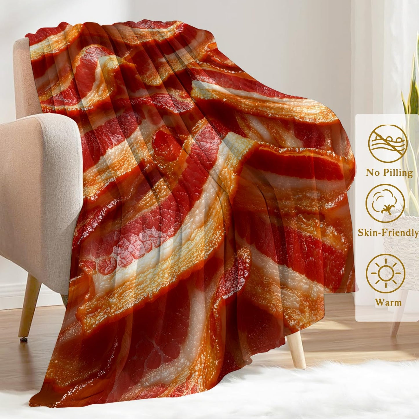 ainori Bacon Lover's Flannel Blanket - Realistic Bacons for Food Enthusiasts Throw - Soft Cozy Blankets for Quirky Kitchen Decor, Foodie Gifts, and Fun Home Accents 50x60in