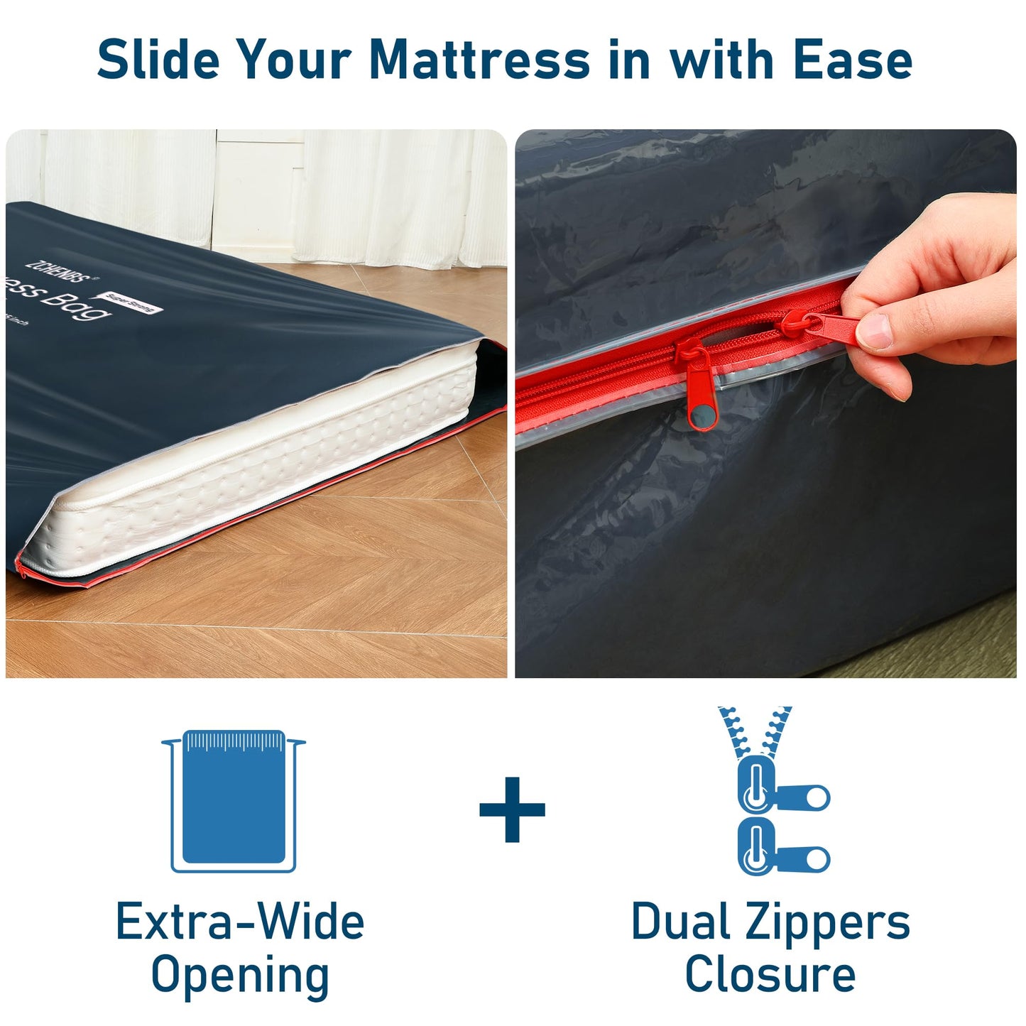 ZCHENBS® - Queen Mattress Bags for Moving, Waterproof Mattress Storage Bag with Zipper, Heavy-Duty 5 Mil Ultra-Thick Bed Protector Cover for Moving, Reusable (Solid/Black, 1 Pack)