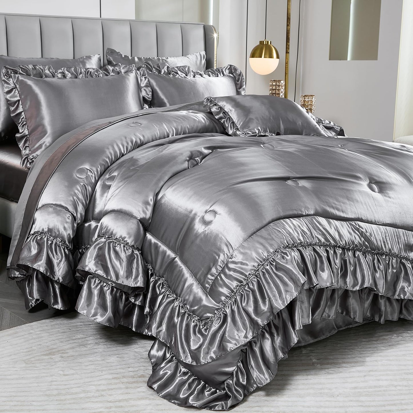 Grey Satin Comforter Set with Sheets,Silk Like Satin Ruffle Bed Duvet Set,Silky Luxury Bed in a Bag King Bedding Set 8 Pcs,1 Comforter,4 Pillowcases,1 Flat Sheet,1 Fitted Sheet,1 Cushion Cover