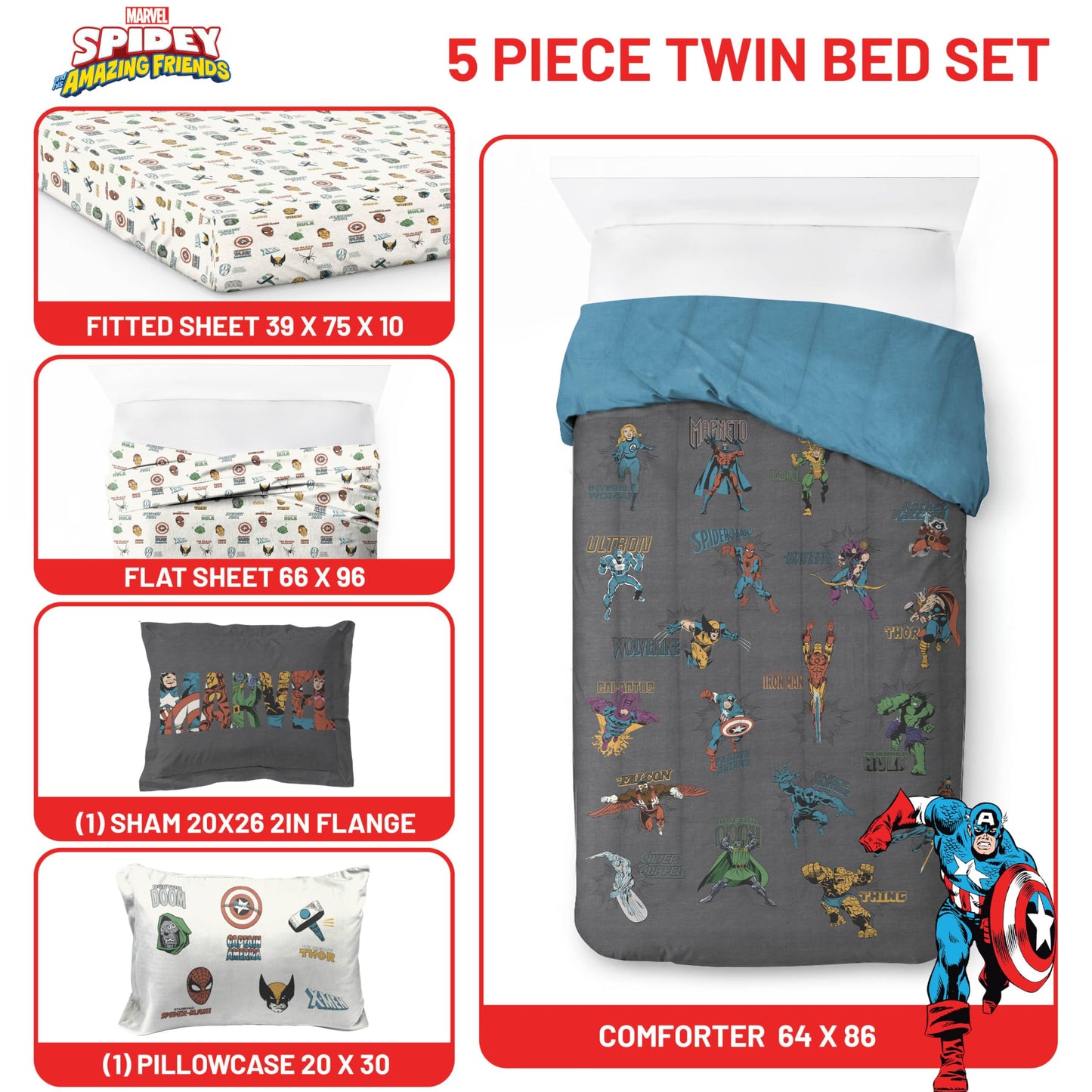 Jay Franco Kids Comforter Set Includes Sheets and Pillow Covers - Soft and Cozy Bed Set for Stylish Room Decor, Official Licensed Bedding, Gray - Marvel Comics, 5 Piece Twin