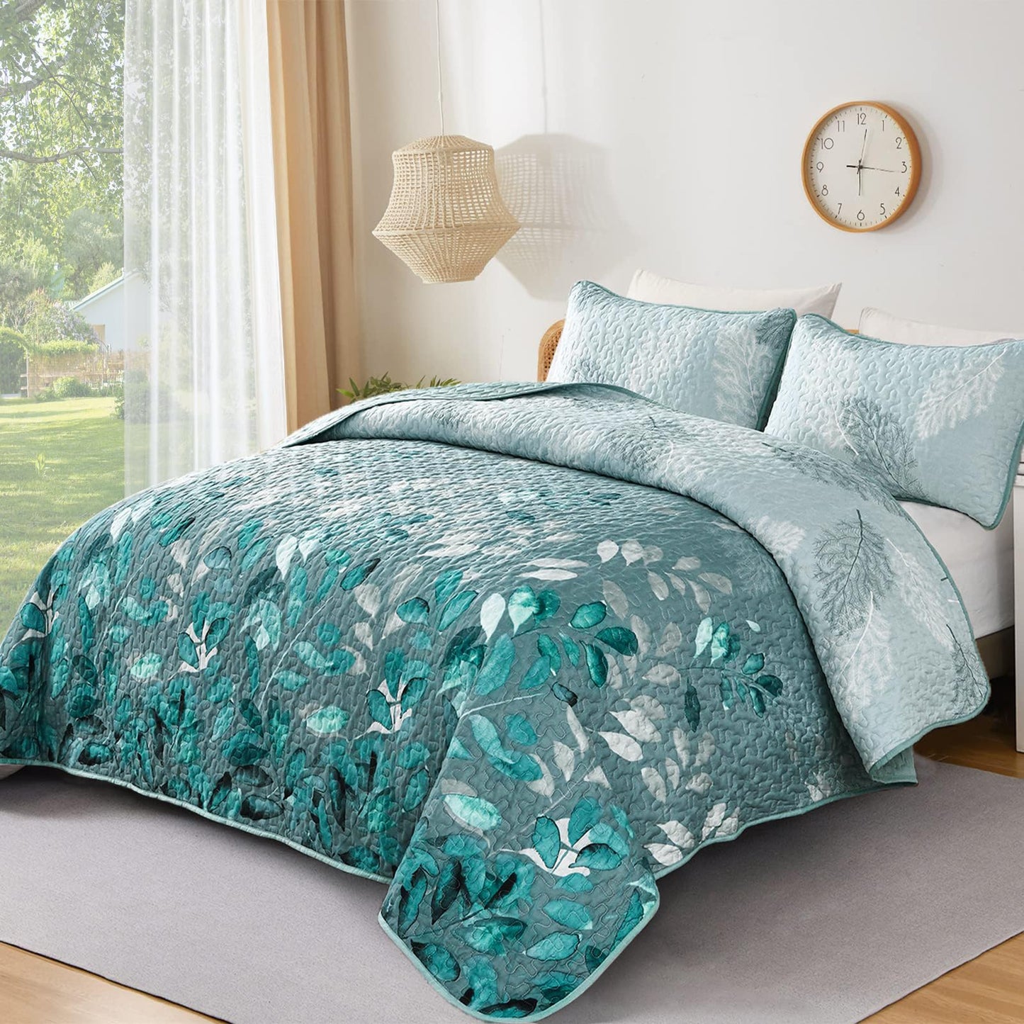 WONGS BEDDING Floral Quilt Set Queen Size, 3 Pieces Aqua Botancal Leaves Bedspread Coverlet Set with 2 Pillowcases for All Season, Soft Microfiber Floral Bedding Set 96"×90"