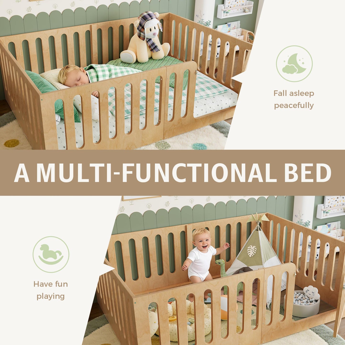 KEIKI Full Size Wood Montessori Floor Bed Frame with Door, for Girls and Boys, Modern Style Low-Profile Design Floor Bed with High Fence, Easy Assembly, No Box Spring Required, for Bedroom, Natural