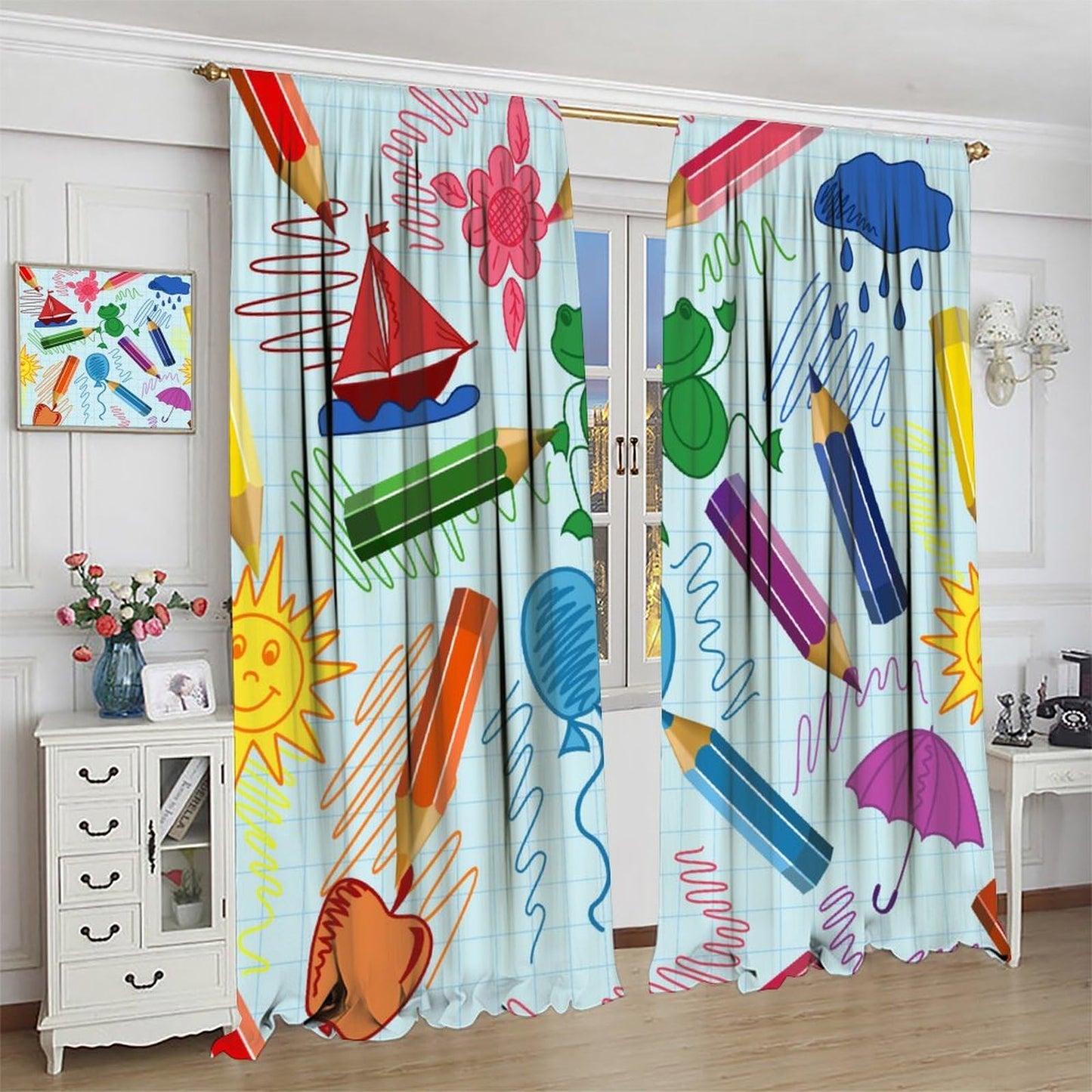 AAVEUP Scientific Creativity Curtain for Kids Bedroom,Cartoon Education Learning Science Atom Robot Pencil Good Idea Window Drapes Print for Boys Nursery Children Toddler Bedroom 42x45in（No Blackout）