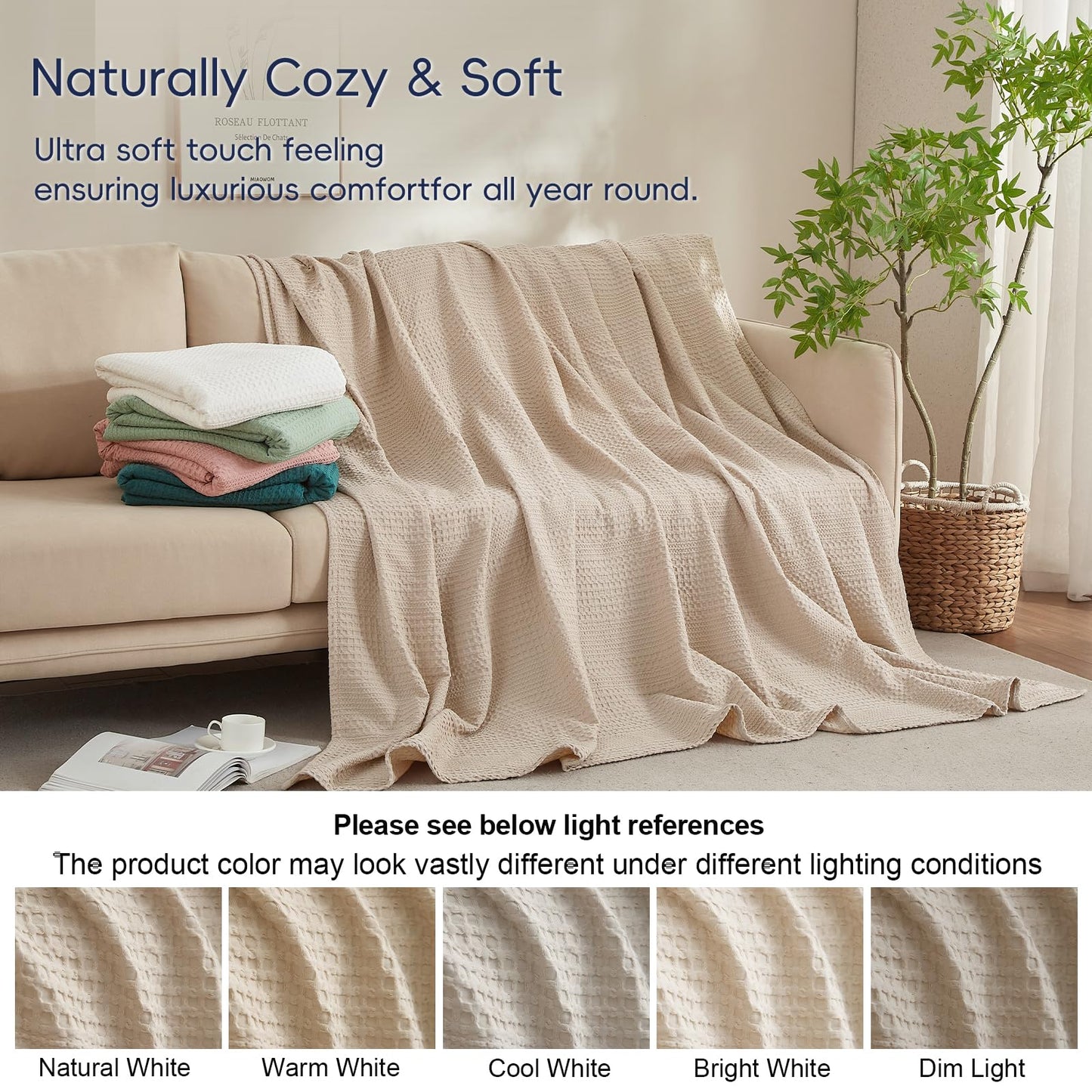 PHF Lightweight Waffle Weave Blanket Queen Size, Breathable & Ultra Soft, 90"x 90" Soft & Cozy Thin Blanket for Spring & Summer & Hot Sleepers, Bed, Home Decor - Light Tan