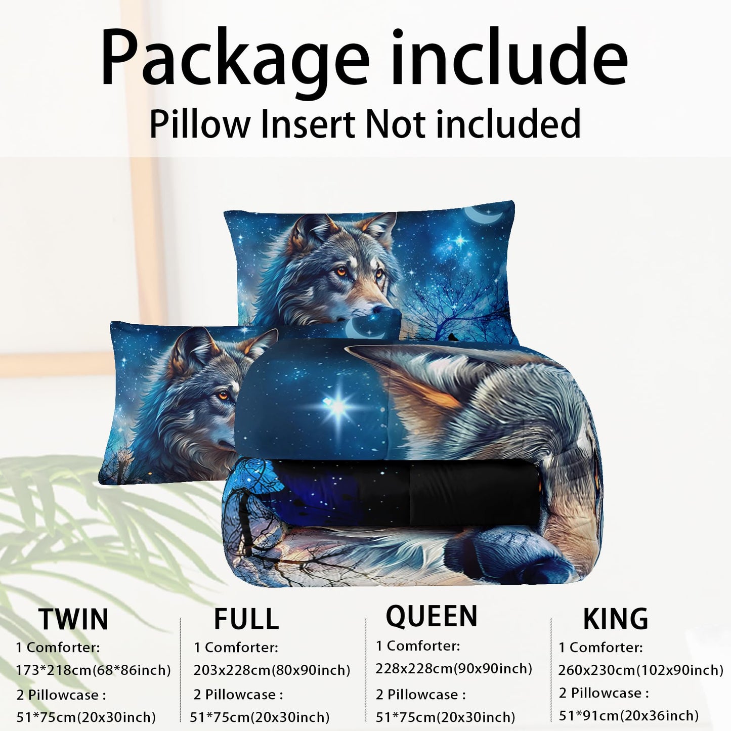 lneffble Wolf Comforter Set Twin for Boys Girls,Wolf Night Moon Galaxy Bed Set,Woodland Wild Animals Theme Comforter Set with 2 Pillowcase,Rustic Blue Black Bedding Set for Bedroom Decor