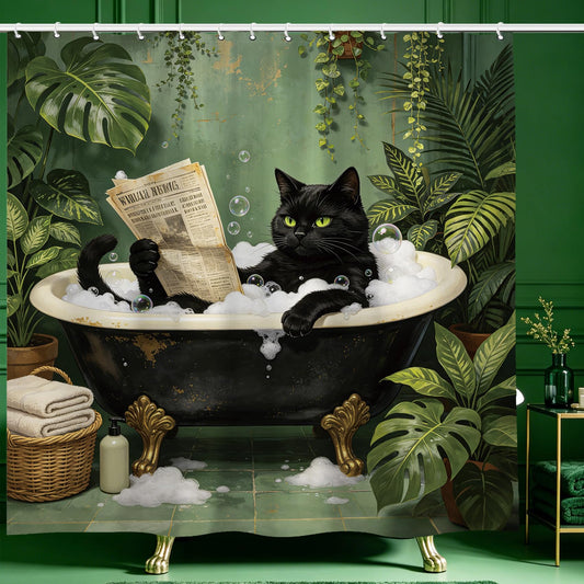 Funny Cat Shower Curtain 72 X 72 Inch, Cute Black Cat Animal Bathroom Curtain With Hooks, Vintage Plant Leaves Green Bath Decor Waterproof Fabric Bathtub Cover Farmhouse Kitten Reading Newspaper