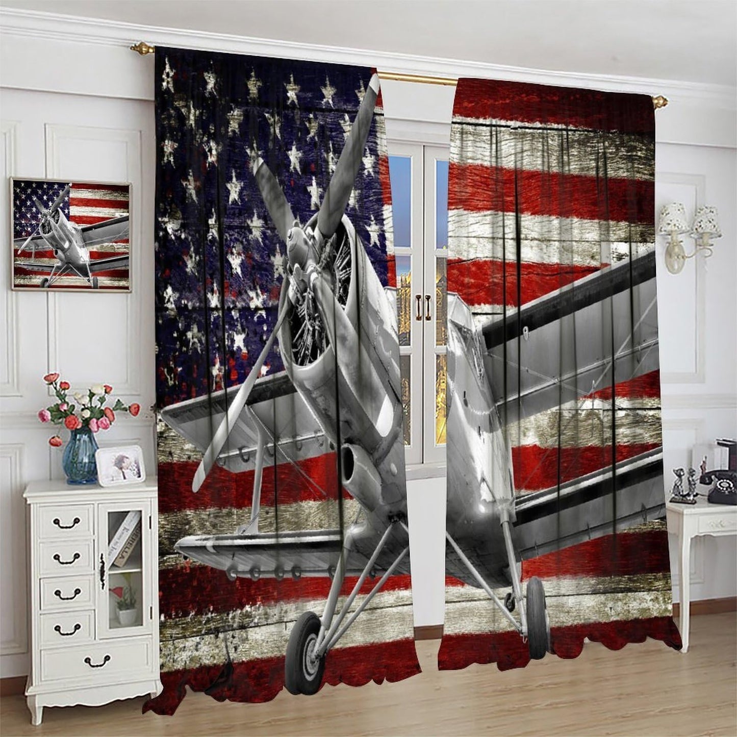 AAVEUP Airplane Curtains Retro Rustic American Flag Old Military Combat Aircraft Windows Treatments Rod Pocket Drapes for Kids Boys Teenager Living Room Bedroom Kitchen 42x45in