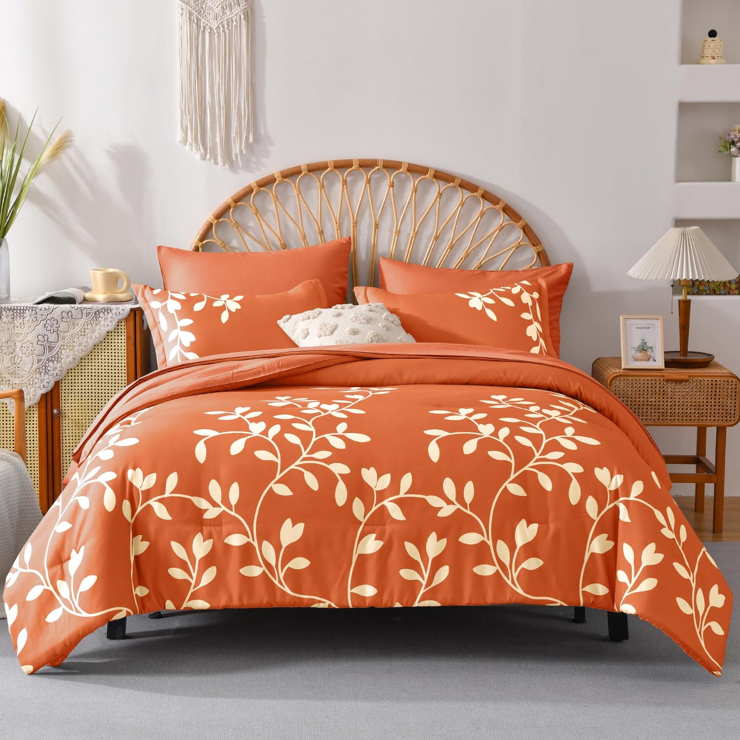 METAHOTS King Size Comforter Set - 7 Pieces Floral Botanical Printed on Orange King Comforter Set with Sheets, Fall Soft Lightweight Microfiber Bedding Set for All Season(104"X90")