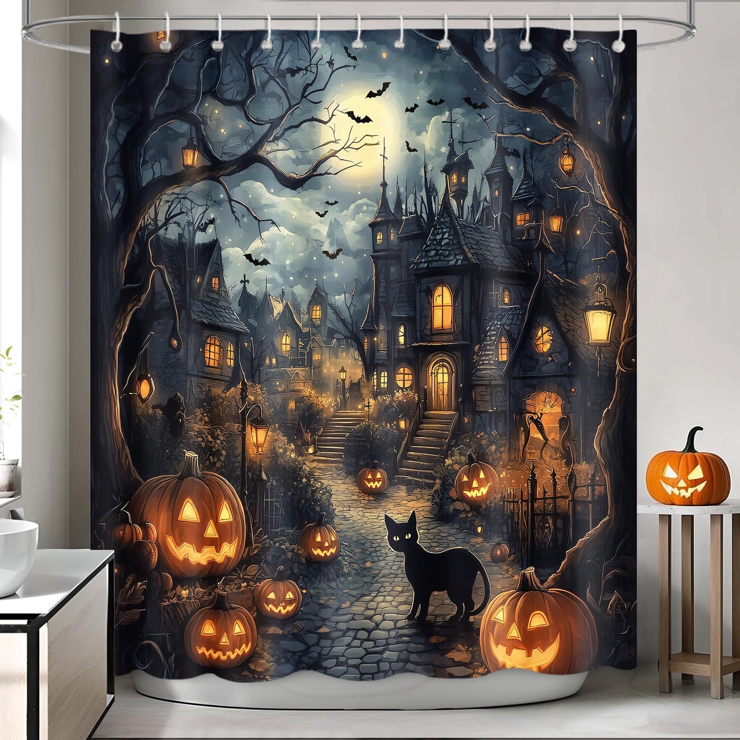 APROPHIC Halloween Shower Curtain, Halloween Horror Castle Shower Curtain for Bathroom, Pumpkin Lantern Black Cat Full Moon Bathroom Decorations Waterproof Curtains with 12 Hooks 72x72 in