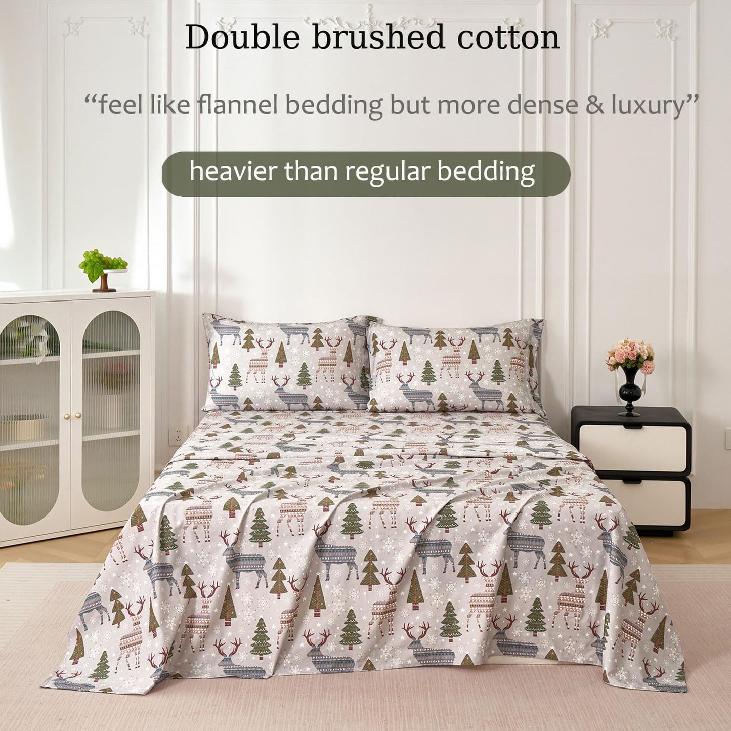 Zusbest Grey Sheets Queen 100% Brushed Cotton Flannel-Like Green Tree Deer Printed Bed Sheets Set with Deep Pocket 17.5‘’ Heavyweight 4PC, Button Pillowcases Extra Soft Breathable
