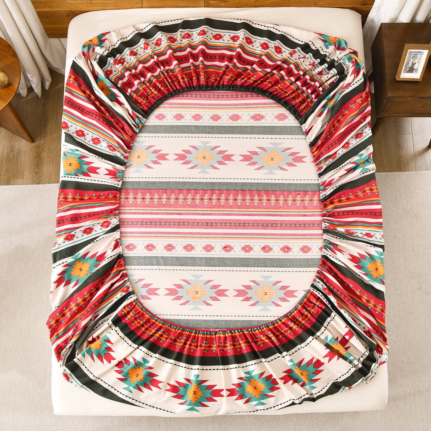 Chezmoi Collection Prescott 3-Piece Southwestern Microfiber Sheet Set, Printed Geometric Tribal Multicolor Cream Red Teal Orange Bed Sheets, Twin XL Size