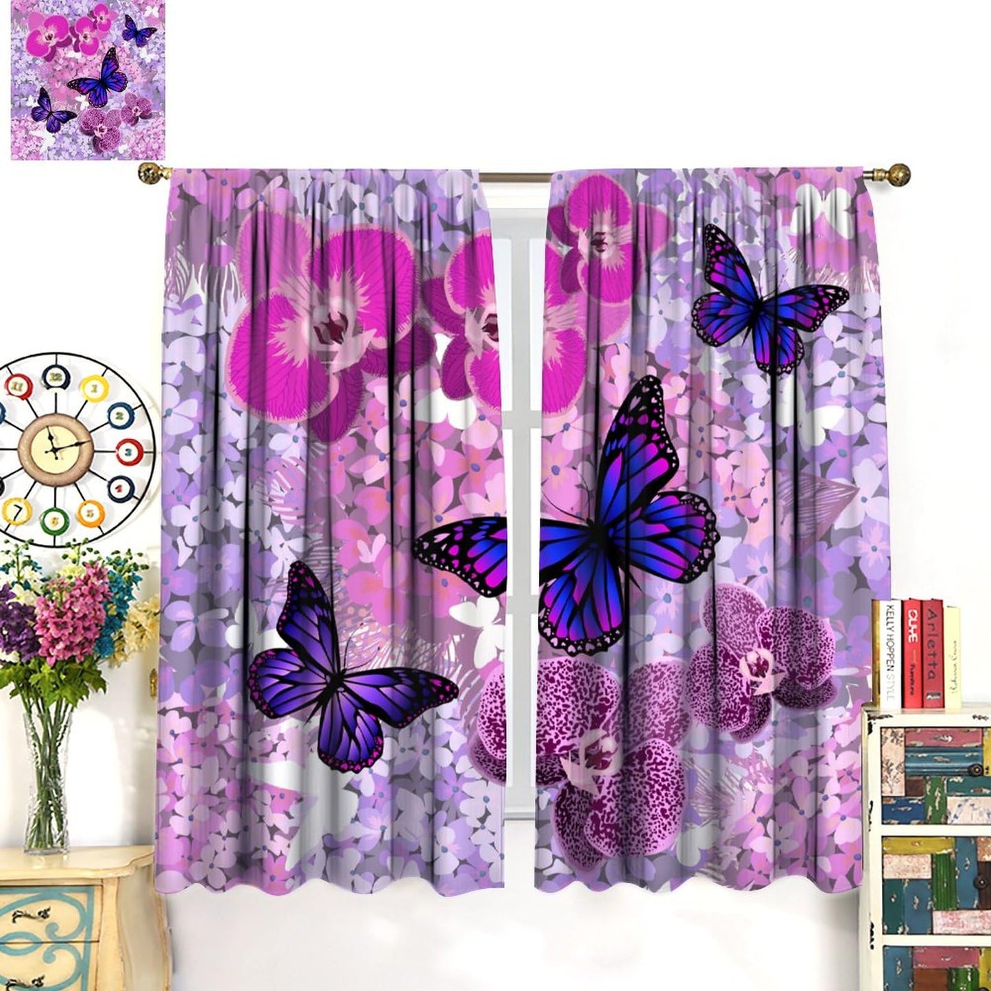 Butterfly Decor Curtains for Girls Boy Home Decor, Romantic Fantasy Butterflies Floral Thermal Insulated Drapes Darkening Window Curtain for Bedroom Living Room Set 2 Panels,42x45 Inches