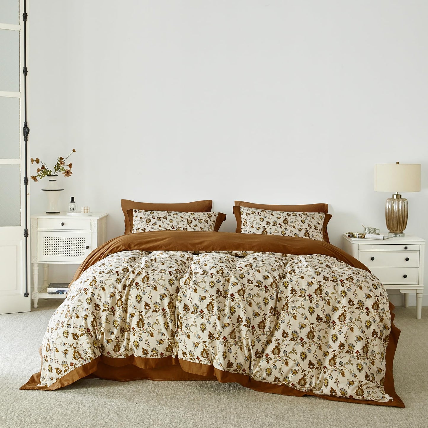 YuHeGuoJi Burnt Orange Flower Duvet Cover Queen 100% Cotton 3 Pcs Set 1 Caramel Botanical Duvet Cover with Zipper Ties 2 Pillow Shams Decorative Brown Beige Floral Paisley Wide Trim Bedding Set