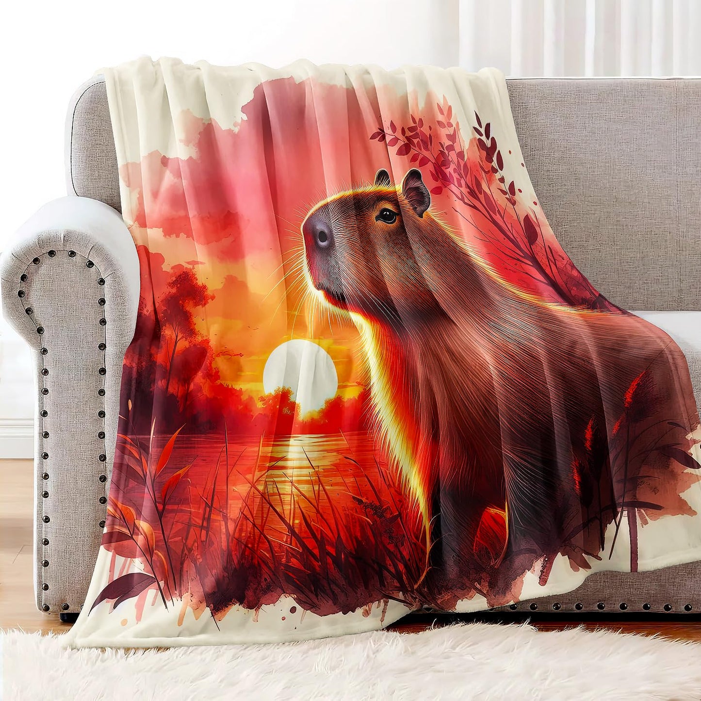 YISUMEI Capybara Gifts Throw Blanket, 50"x60", Sunset Capybara Design Cozy Blanket for Women, Kids and Teens, Ultra Soft Plush Fleece Flannel Blanket for Couch & Bed, Room Decor