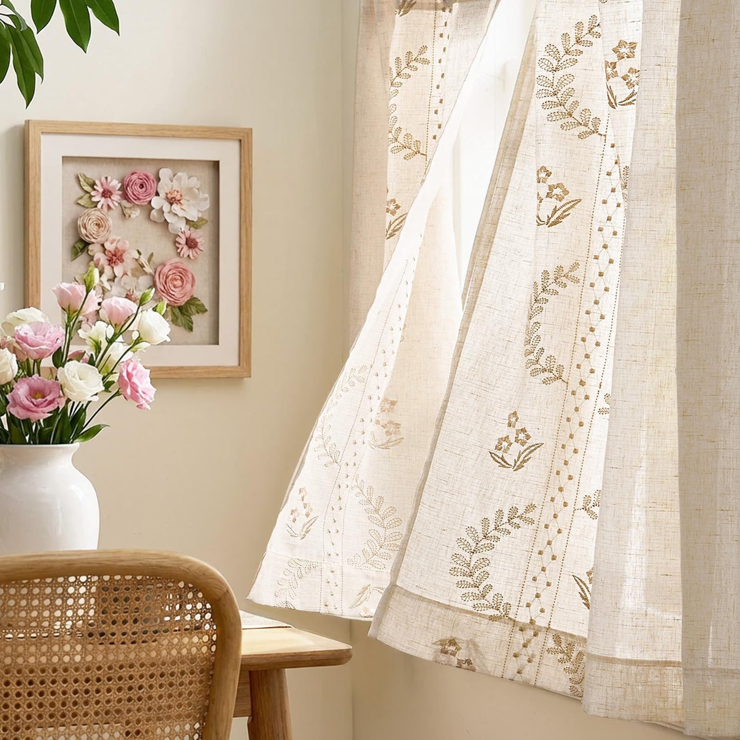 jinchan Belrose Linen Floral Kitchen Curtains 24 inch Length Embroidered Farmhouse Cafe Curtains for Living Room Bathroom Small Windows Curtain Set Sheer Light Filtering 2 Panels Beige