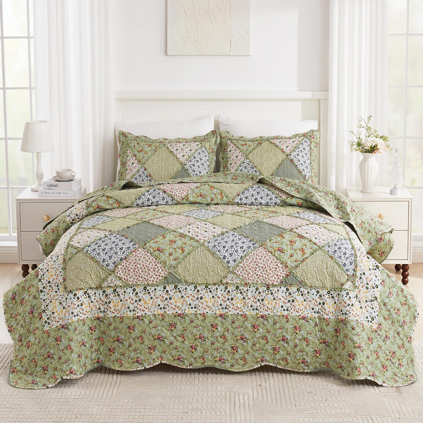 VIVILINEN Full Queen Size Green Patchwork Quilt Set Reversible Quilted Bedspread Coverlet Set 3-Piece Floral Lightweight Comforter Stitched Bedding Set Bed Sheet Set Cover Blanket with 2 Pillow Shams