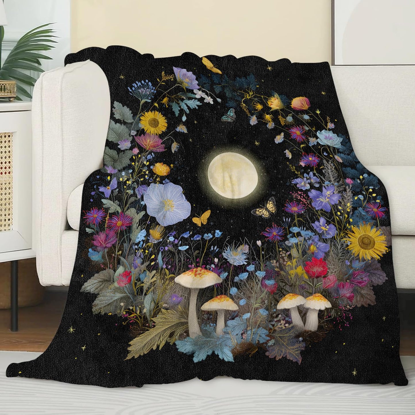 Zeleda Moon Blanket, Gifts for Flower and Nature Lovers, Lightweight Flannel Throw Blankets, Floral Wreath with Mushroom and Butterfly Night Throws Home Decor, for Couch Living Room Office, 60x50inch