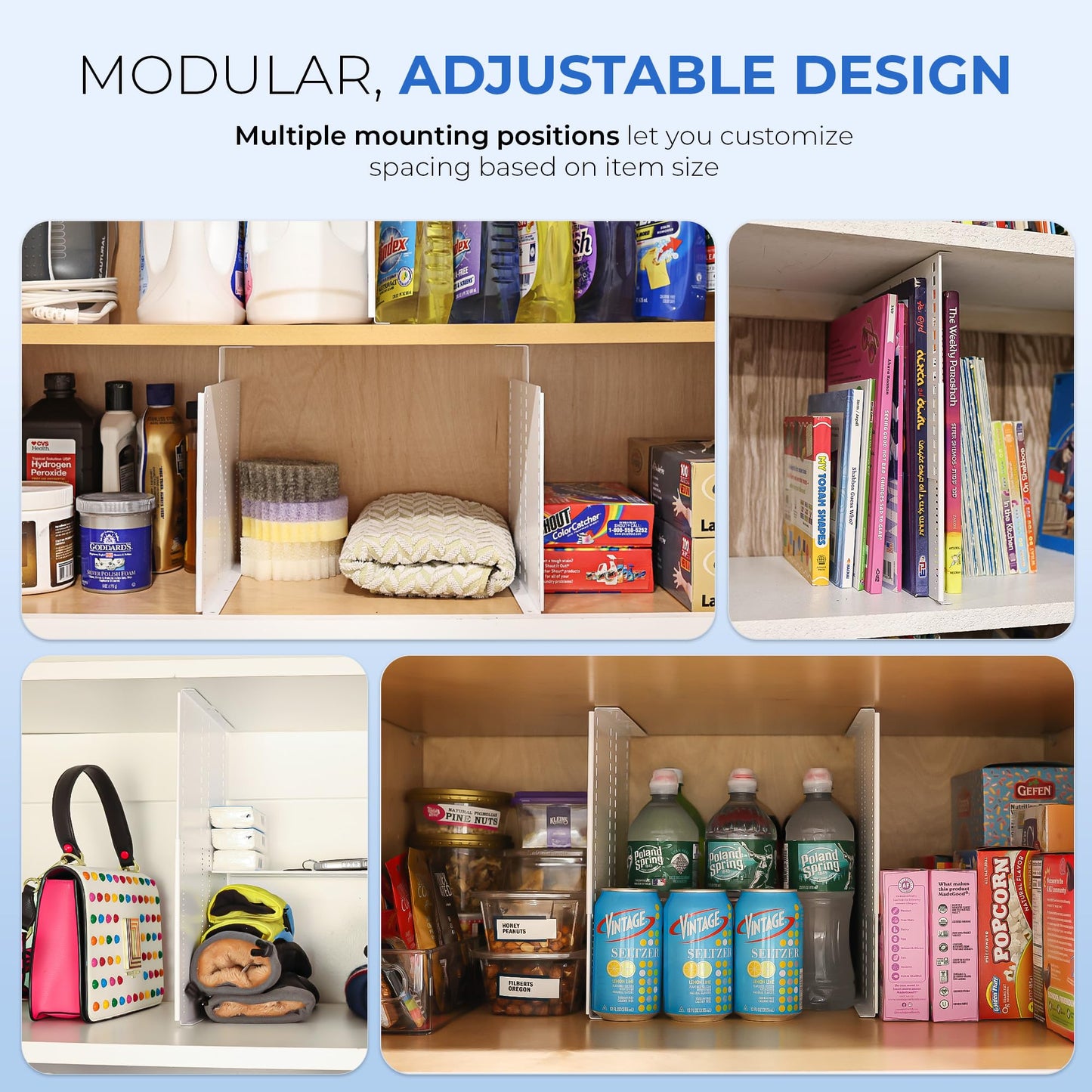 TrueBlueBamboo Adjustable Height Strong Metal Shelf Divider Organizer for Kitchen, Bookshelves, Pantry, Closet. Will not Bend. Extendable Up to 14 inch.