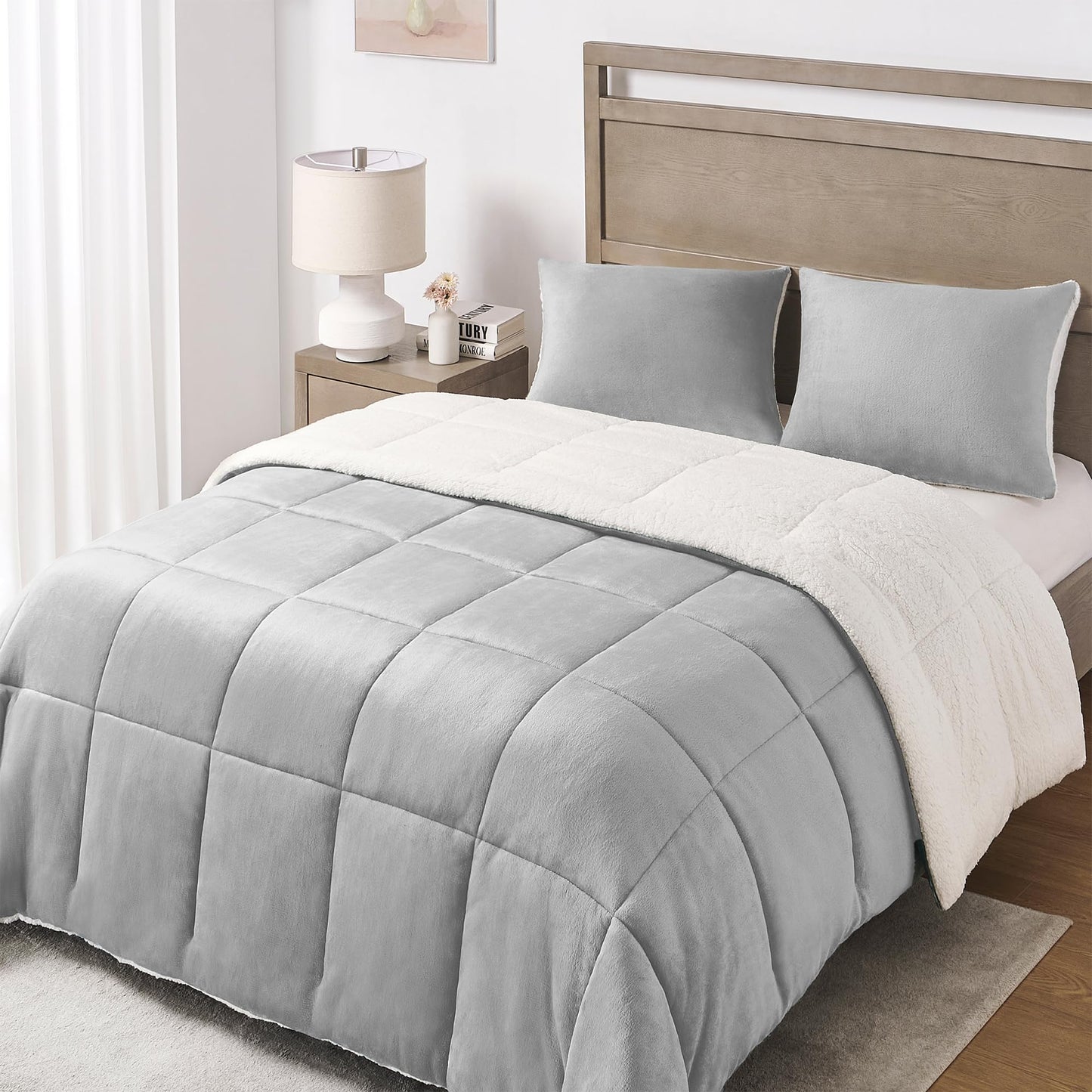 Basic Beyond King Size Comforter Set - Thick Fleece Sherpa Comforter Set for Winter, Soft and Fuzzy Bedding, Grey, 104"x88"