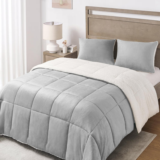Basic Beyond King Size Comforter Set - Thick Fleece Sherpa Comforter Set for Winter, Soft and Fuzzy Bedding, Grey, 104"x88"