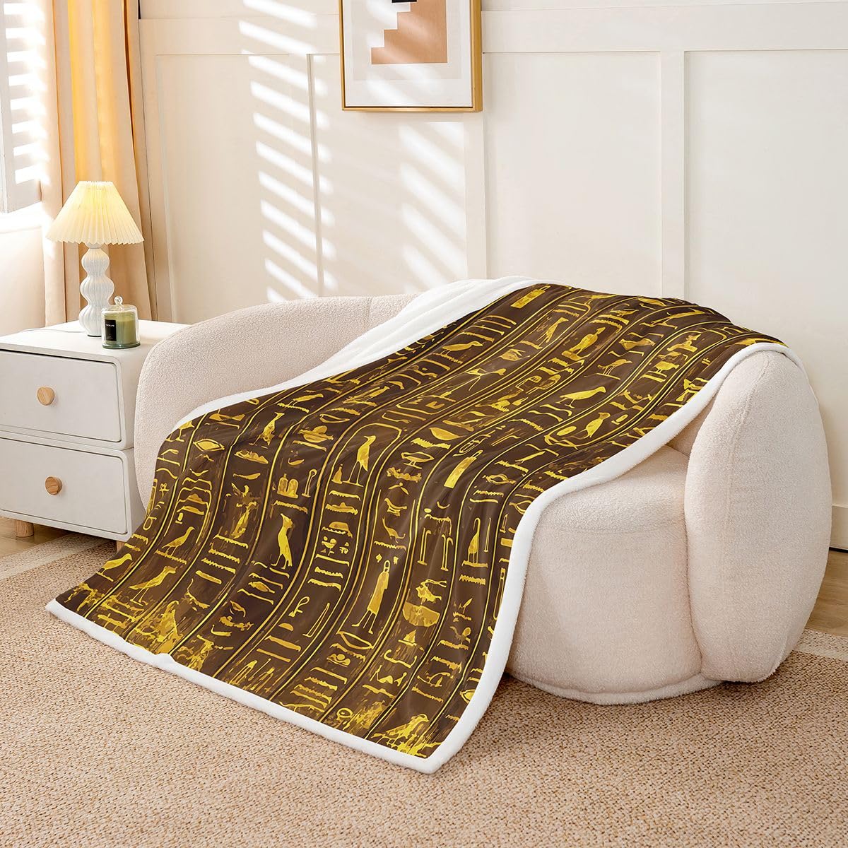 Ancient Egypt Fuzzy Blanket Egyptian Wall Pattern Sherpa Blanket for Sofa Bed Couch Ultra Soft Egypt Culture Fleece Throw Blanket Tribal Bed Decor Fuzzy Blanket Throw 50"x60"