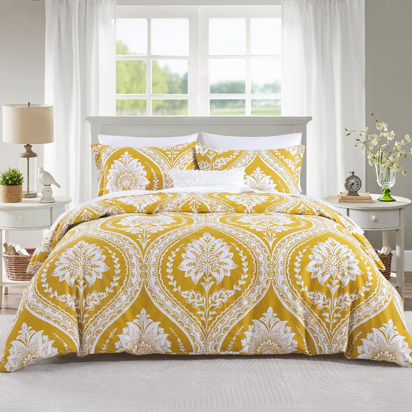 CozyDH Cotton Duvet Cover King Size - 100% Cotton 400 Thread Count Washed Duvet Cover Set with Yellow Floral Damask Paisley Pattern, 3 Piece Soft Bedding Set (King, 104" x 90", No Comforter)